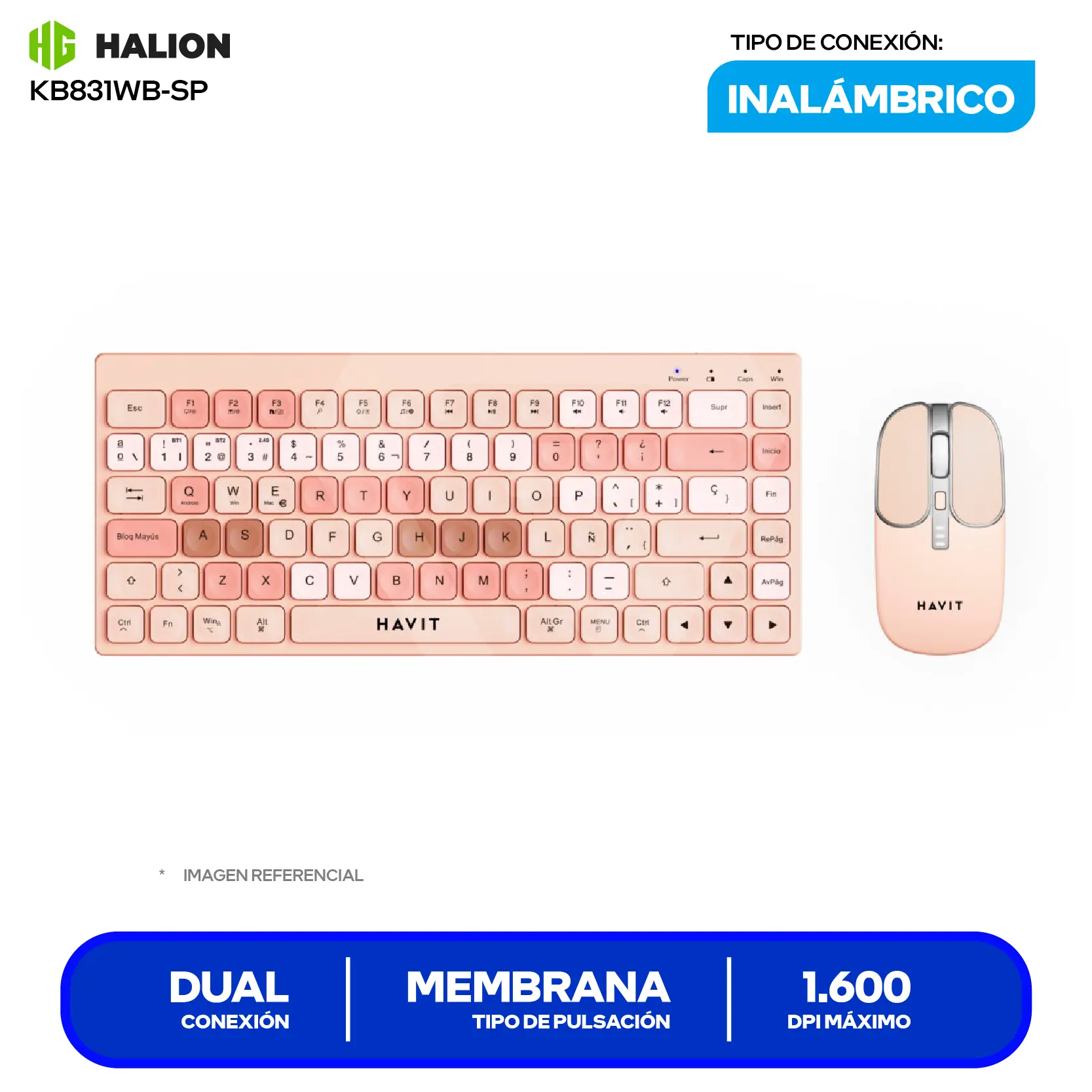 Kit Teclado + Mouse Inalámbrico Havit KB831WB-SP Rosa (HVKB-KB831WB-SP-RO) Bluetooth