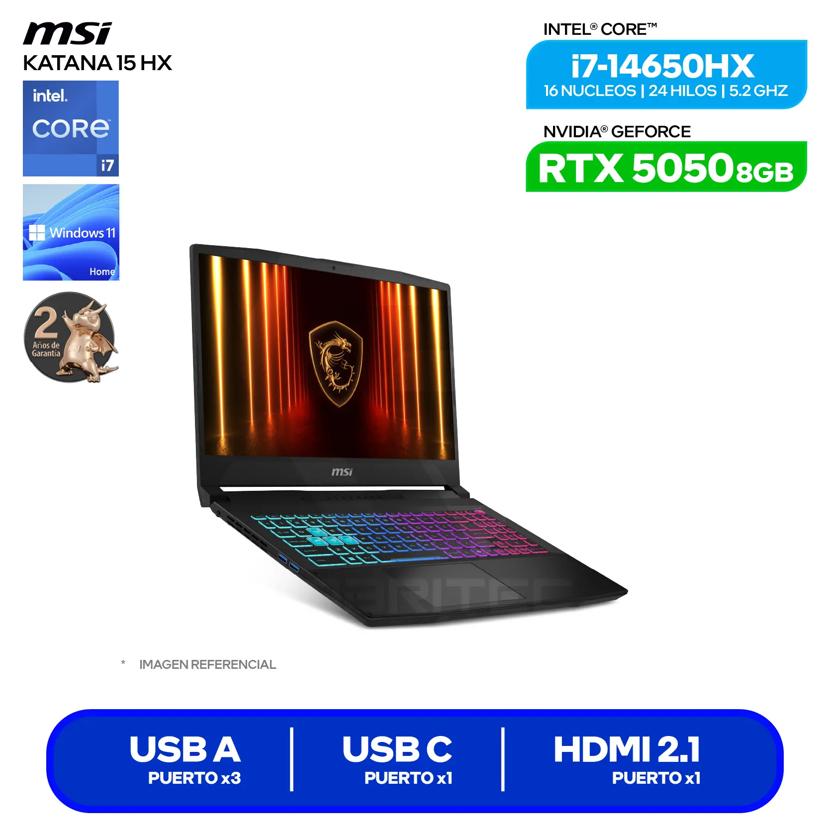 Laptop MSI Katana 15 HX B14WEK(9S7-1587C1-412) Intel Core i7-14650HX, GeForce RTX 5050 8GB, RAM 16GB, SSD 512GB, 15.6'' QHD, Windows 11 Home