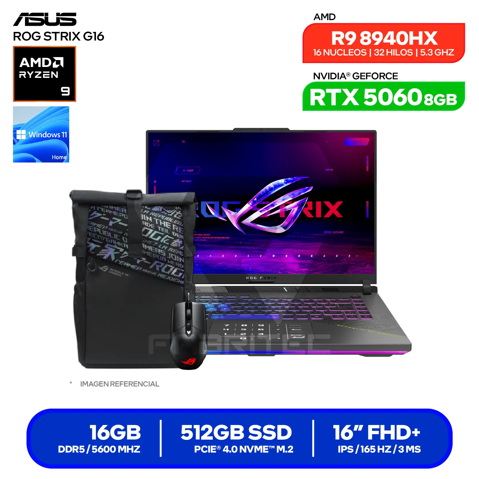 Laptop Asus Rog Strix G16 G614PM-RV221W (90NR0KW8-M00B80) AMD Ryzen 9 8940HX, GeForce RTX 5060 8GB, RAM 16GB, SSD 512GB, 16'' FHD, Windows 11 Home