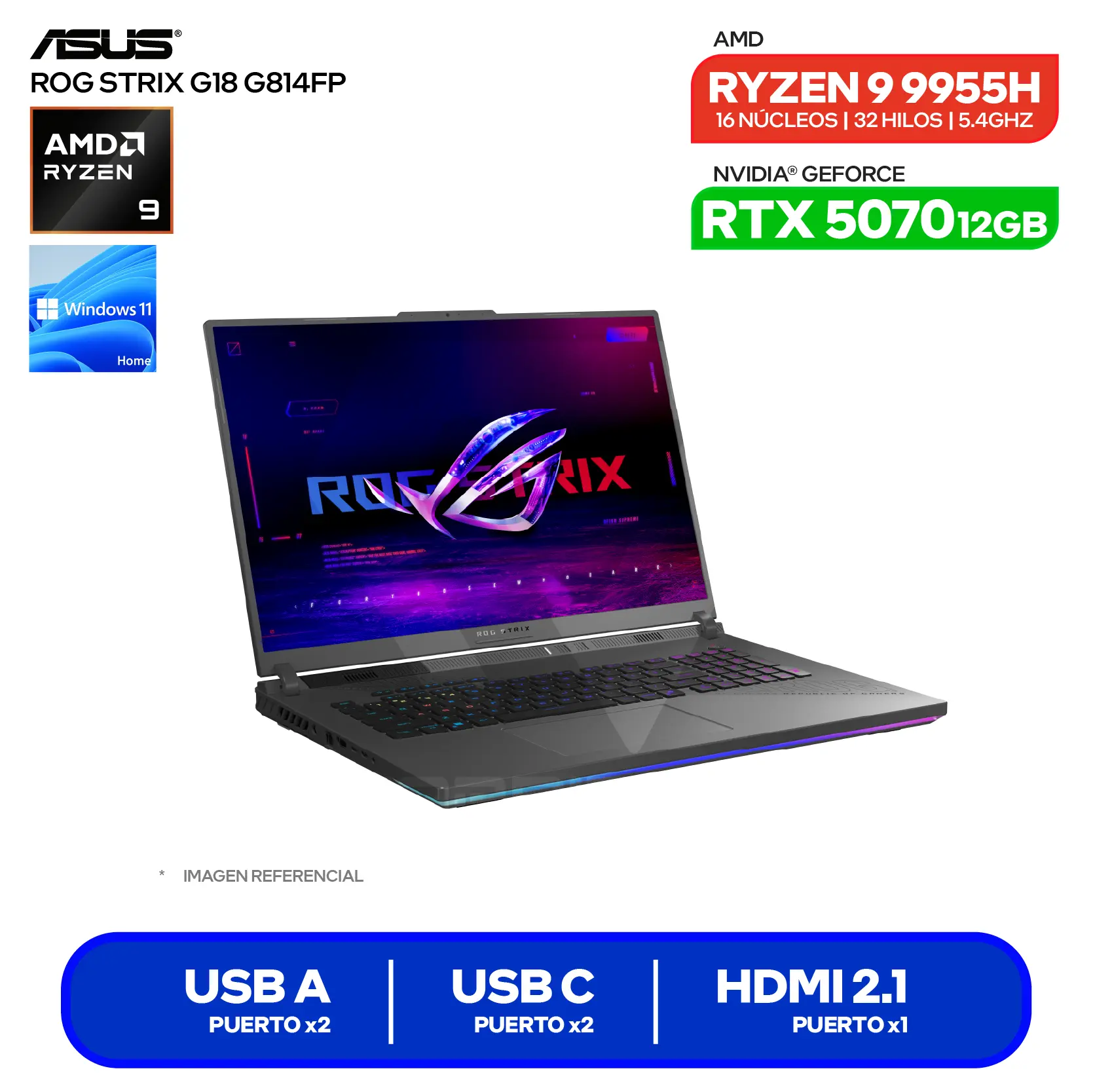 Laptop Asus ROG Strix G18 G814FP-TT098W (90NR0L58-M00510) AMD Ryzen 9 9955HX, GeForce RTX 3070 12GB, RAM 8GB, SSD 1TB, 18'' 2.5K, Windows 11 Home