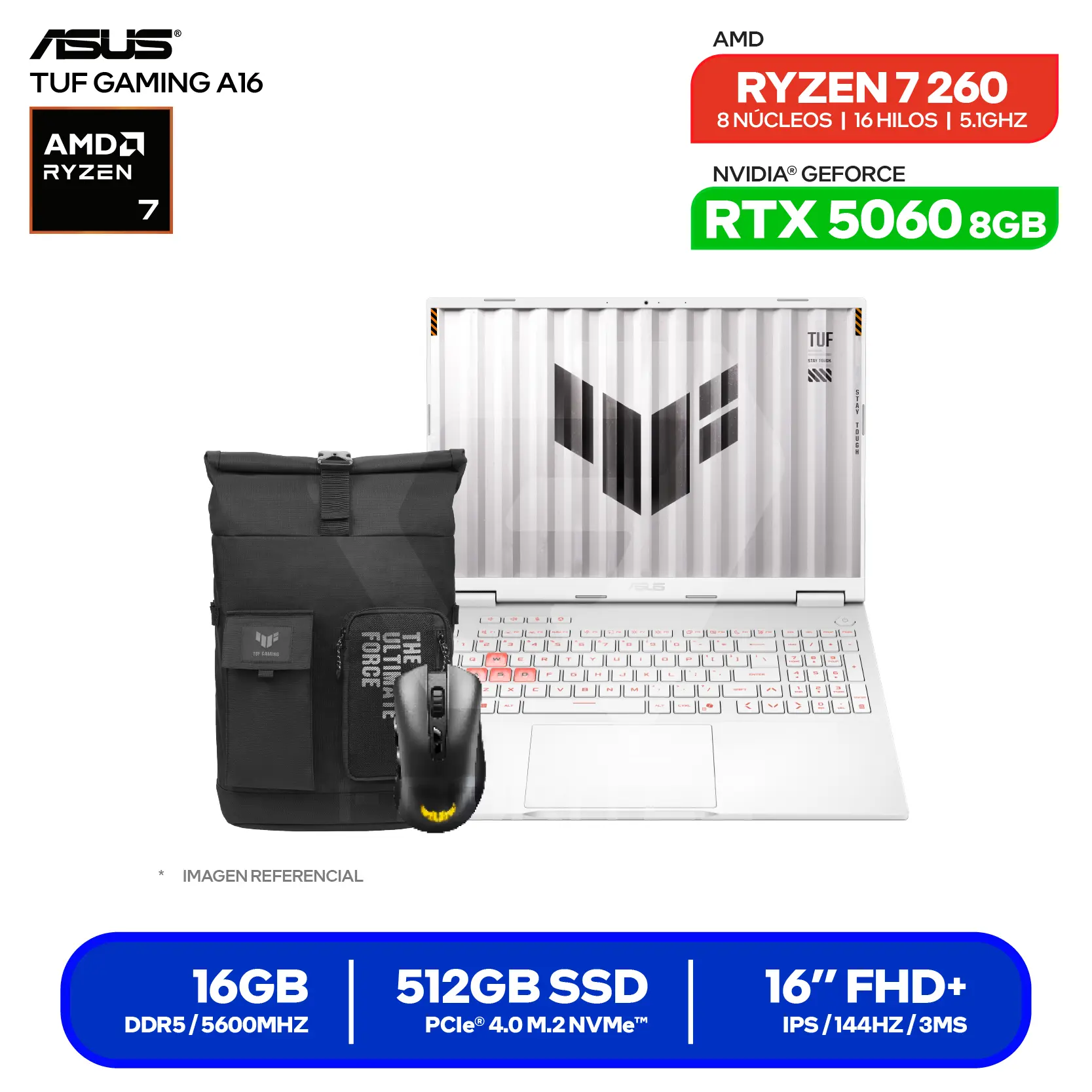 Laptop Asus TUF Gaming A16 FA608UMI-TU255 (90NR0KV6-M00J90) AMD Ryzen 7 260, GeForce RTX 5060 8GB, RAM 16GB, SSD 512GB, 16'' FHD, FreeDos