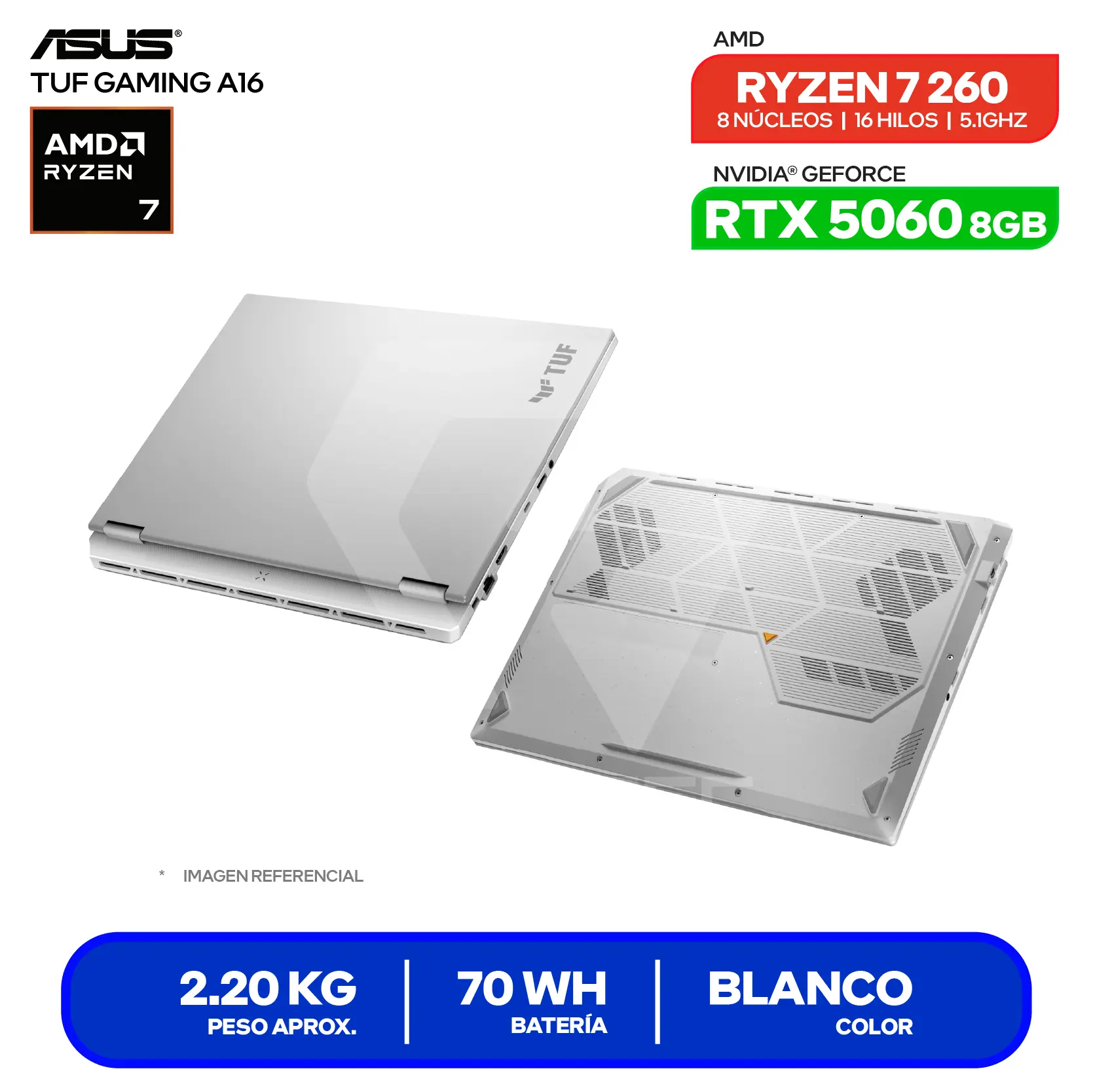 Laptop Asus TUF Gaming A16 FA608UMI-TU255 (90NR0KV6-M00J90) AMD Ryzen 7 260, GeForce RTX 5060 8GB, RAM 16GB, SSD 512GB, 16'' FHD, FreeDos