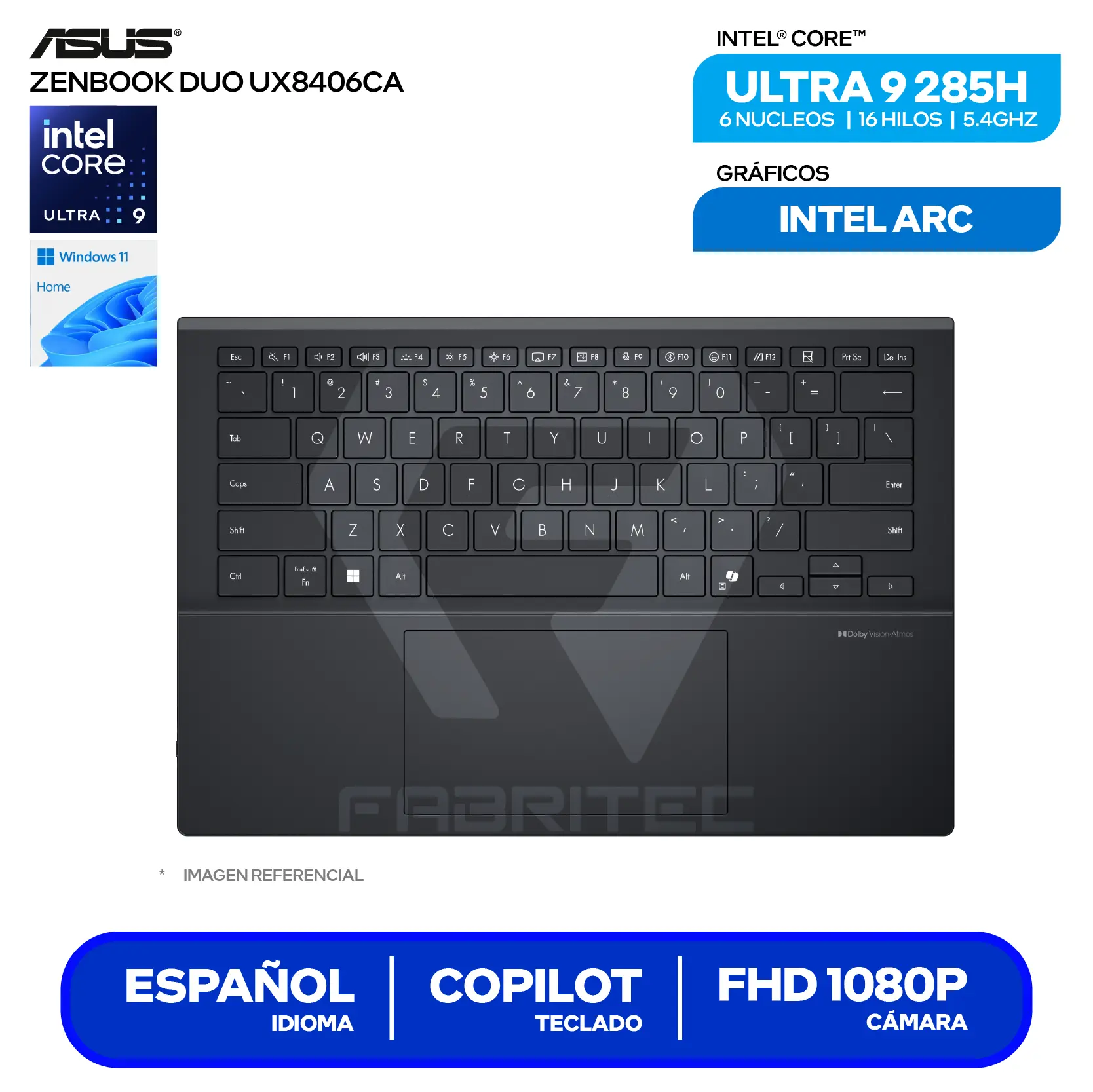 Laptop Asus Zenbook Duo UX8406CA-QL444W (90NB14X1-M00TL0) Intel Core Ultra 9-285H, RAM 16GB, SSD 512GB, 14'' FHD OLED Táctil, Windows 11 Home