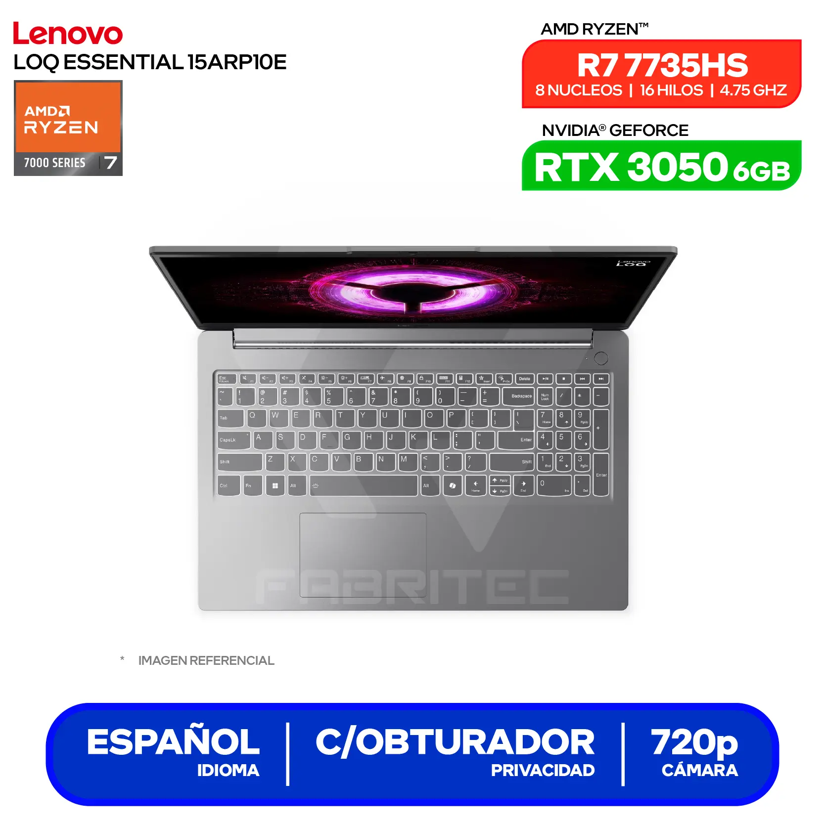 Laptop Lenovo LOQ Essential 15ARP10E (83S0004HLM) AMD Ryzen 7 7735HS, GeForce RTX 3050 6GB, RAM 16GB, SSD 512GB, 15.6'' FHD, FreeDos