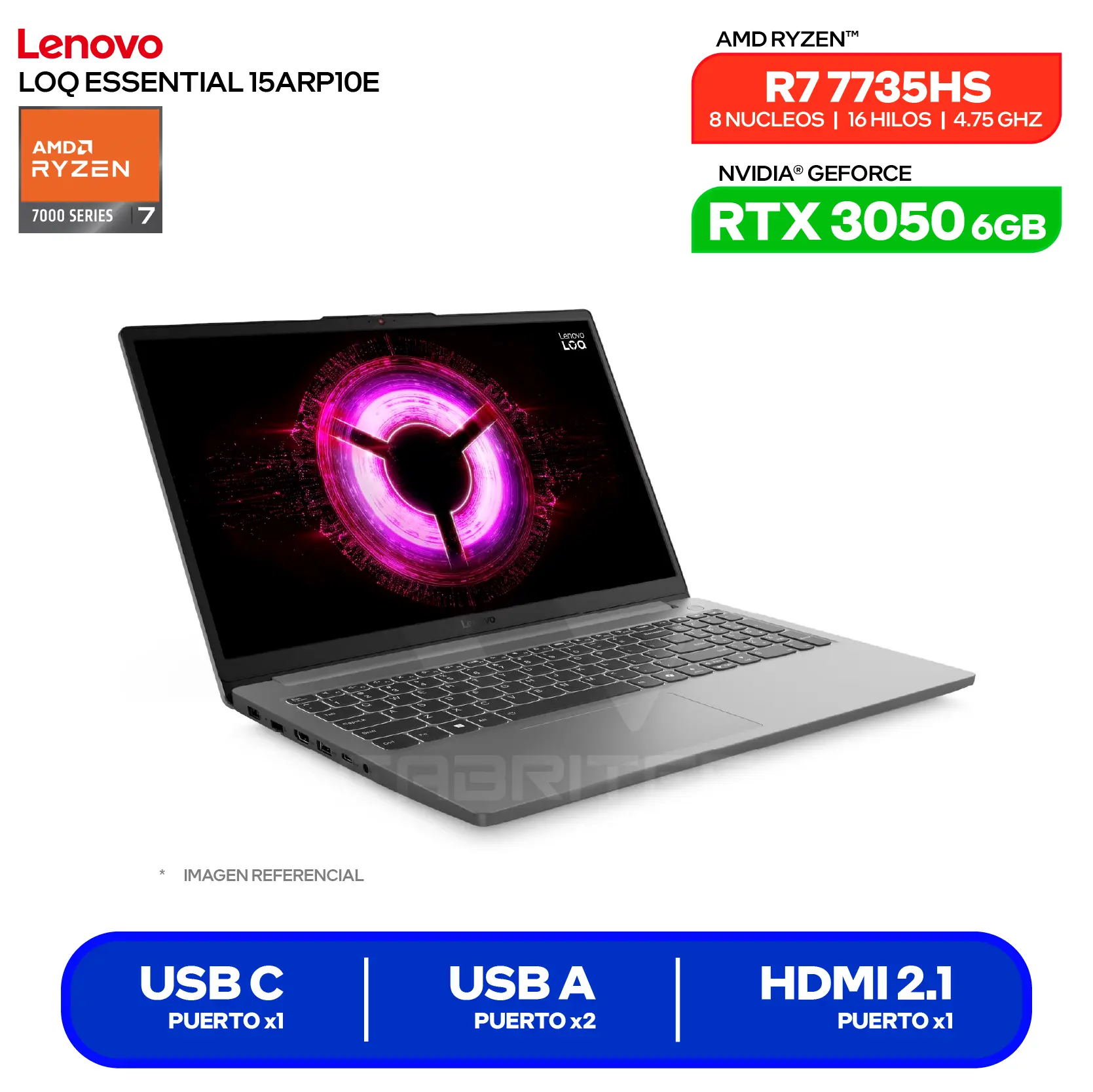 Laptop Lenovo LOQ Essential 15ARP10E (83S0004HLM) AMD Ryzen 7 7735HS, GeForce RTX 3050 6GB, RAM 16GB, SSD 512GB, 15.6'' FHD, FreeDos