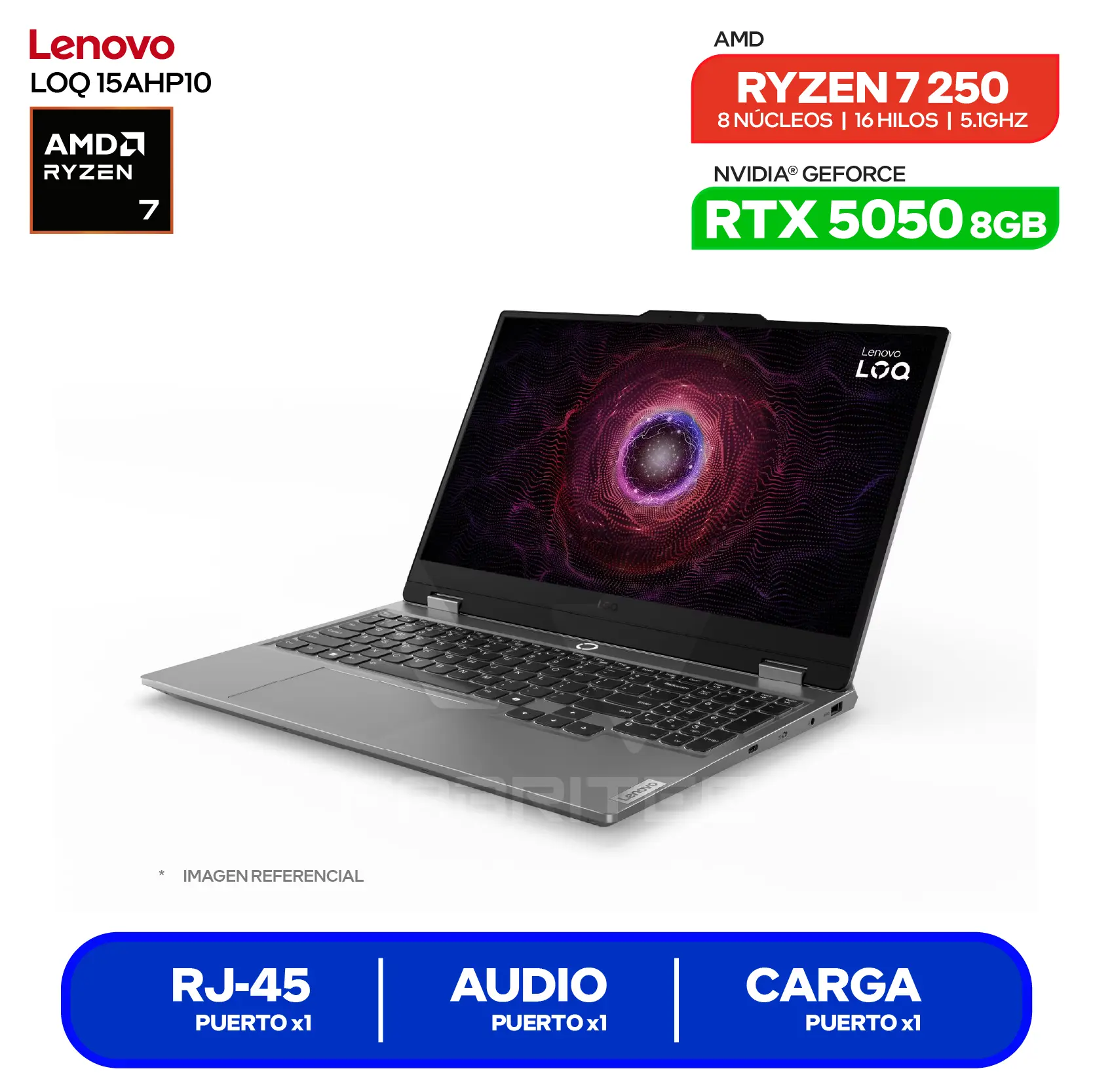 Laptop Lenovo LOQ 15AHP10 (83JG007VLM) AMD Ryzen 7 250, GeForce RTX 5050 8GB, RAM 16GB, SSD 512GB, 15.6'' FHD, FreeDos