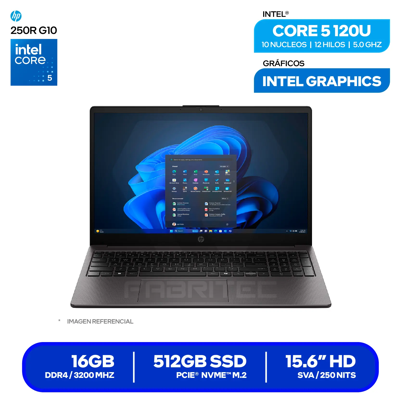 Laptop HP 250R G10  (C78DYAT#ABM) Intel Core 5 120U, RAM 16GB, SSD 512GB, 15.'' HD, FreeDos