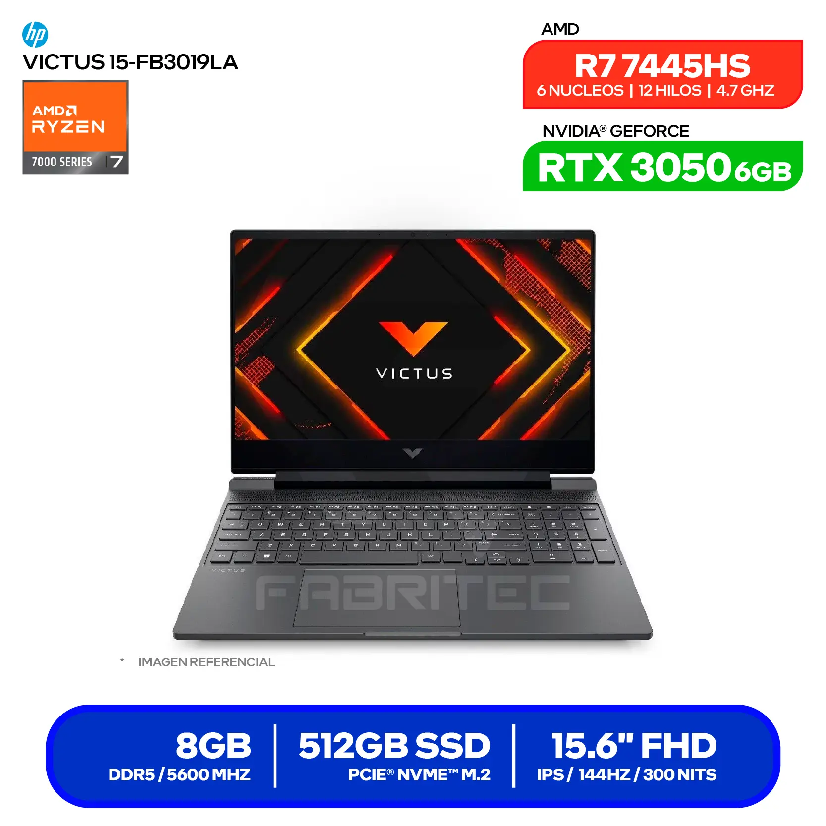 Laptop HP Victus 15-FB3019LA (BT4F6LA#ABM) Ryzen 7 7445HS, GeForce RTX 3050 6GB, RAM 8GB, SSD 512GB, 15.6'' FHD, FreeDos