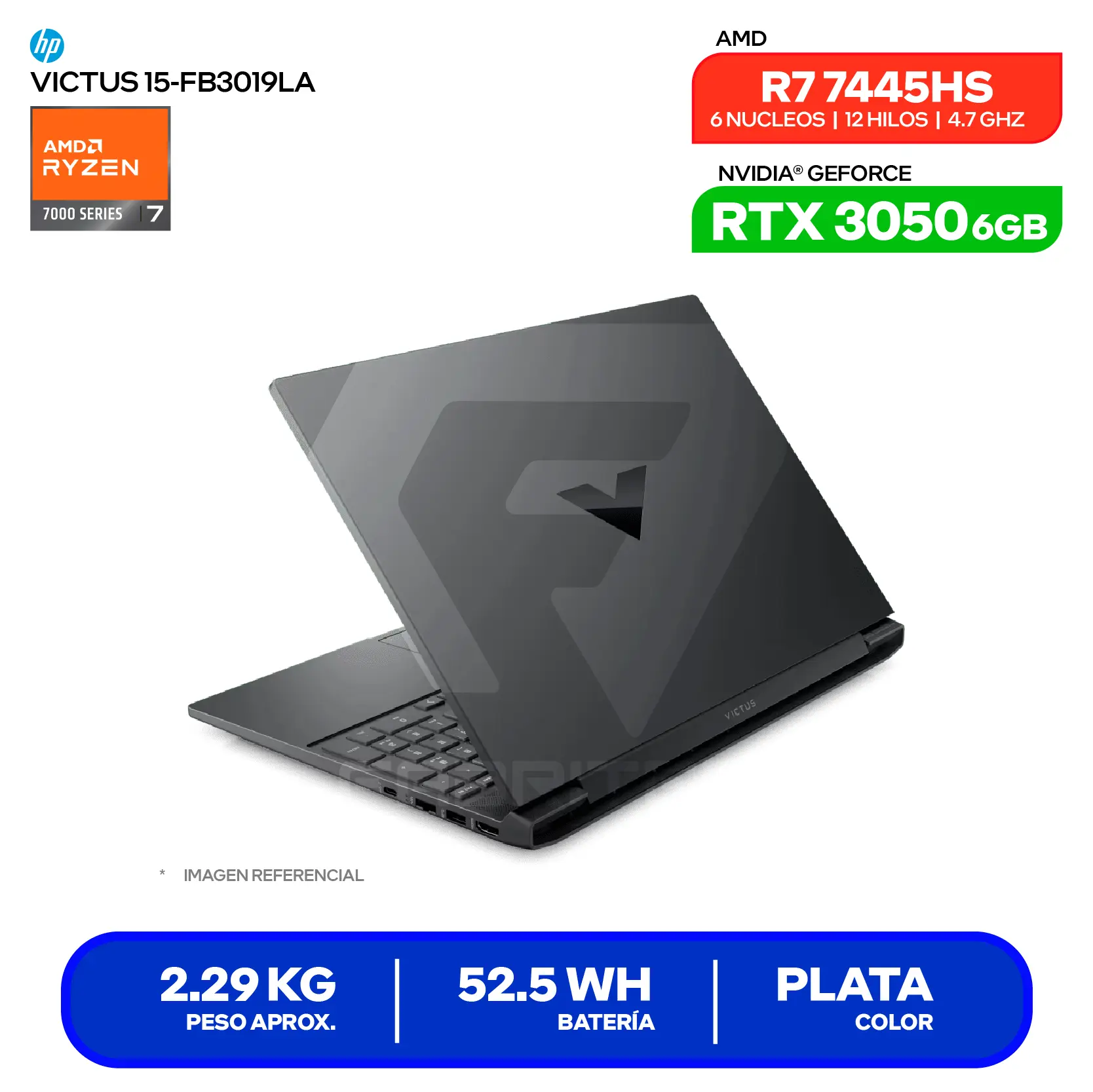 Laptop HP Victus 15-FB3019LA (BT4F6LA#ABM) Ryzen 7 7445HS, GeForce RTX 3050 6GB, RAM 8GB, SSD 512GB, 15.6'' FHD, FreeDos