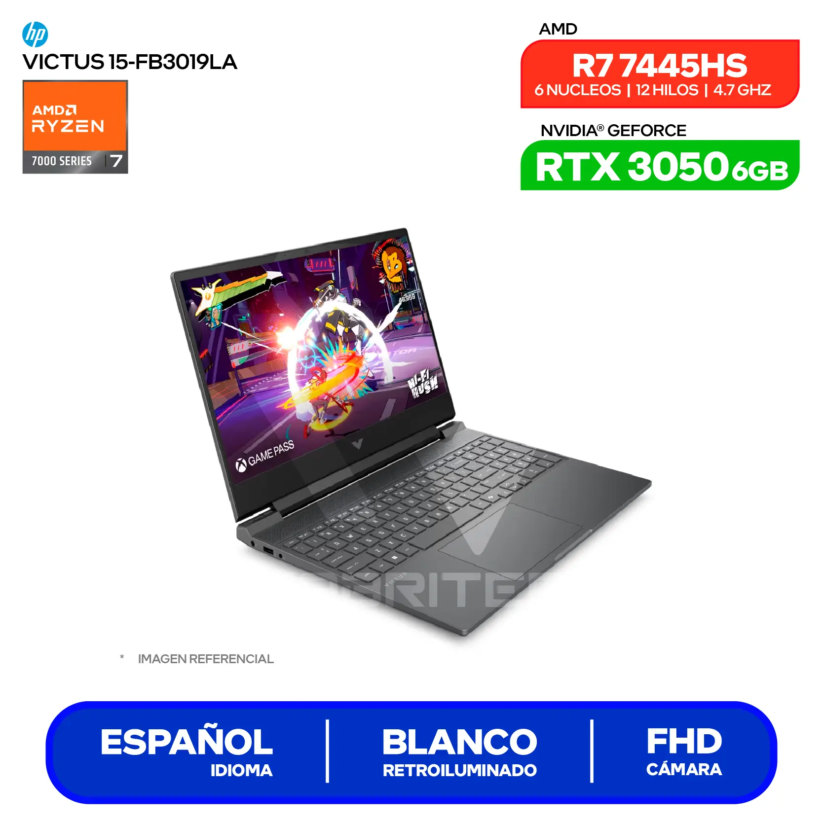 Laptop HP Victus 15-FB3019LA (BT4F6LA#ABM) Ryzen 7 7445HS, GeForce RTX 3050 6GB, RAM 8GB, SSD 512GB, 15.6'' FHD, FreeDos