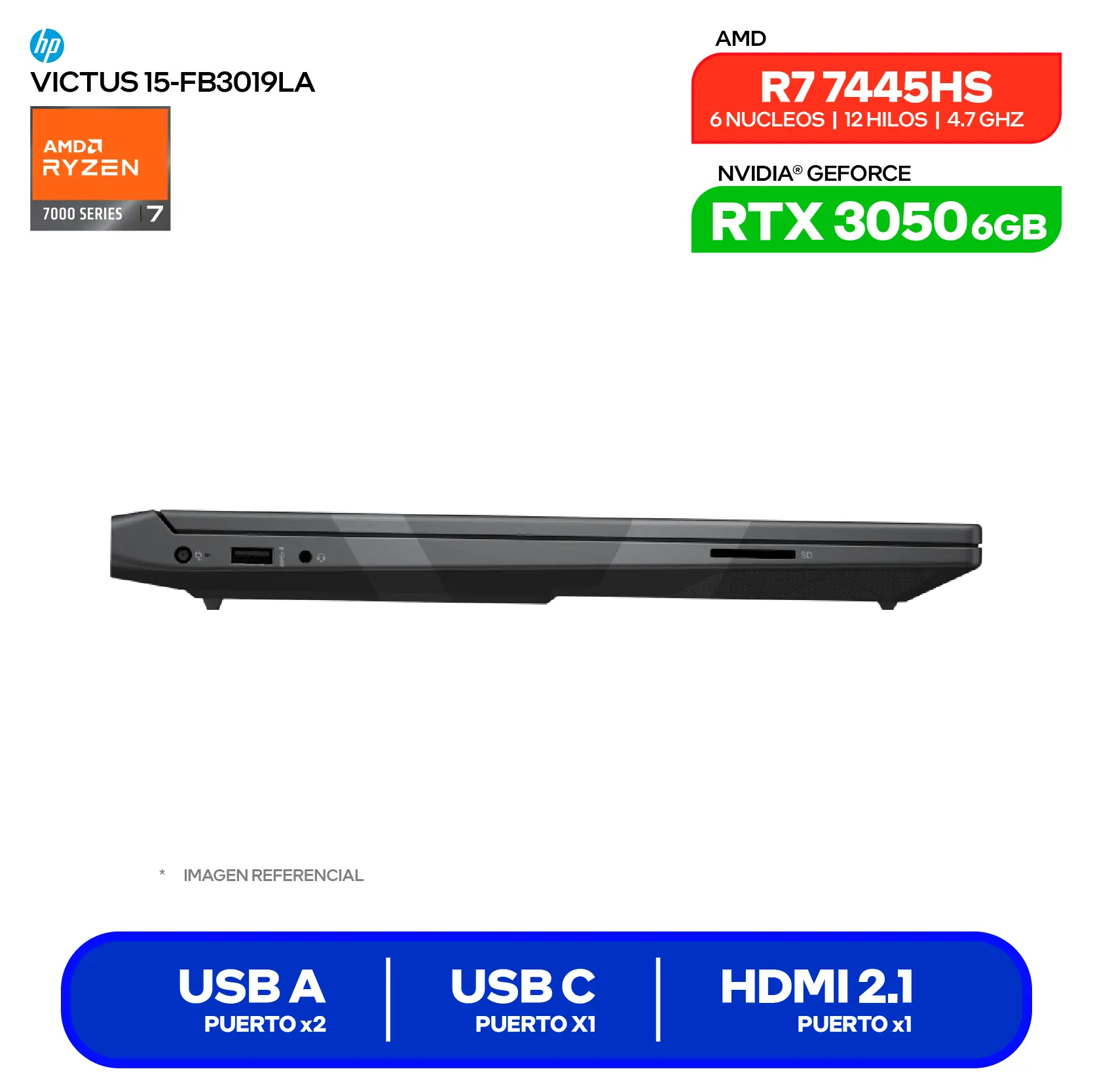Laptop HP Victus 15-FB3019LA (BT4F6LA#ABM) Ryzen 7 7445HS, GeForce RTX 3050 6GB, RAM 8GB, SSD 512GB, 15.6'' FHD, FreeDos