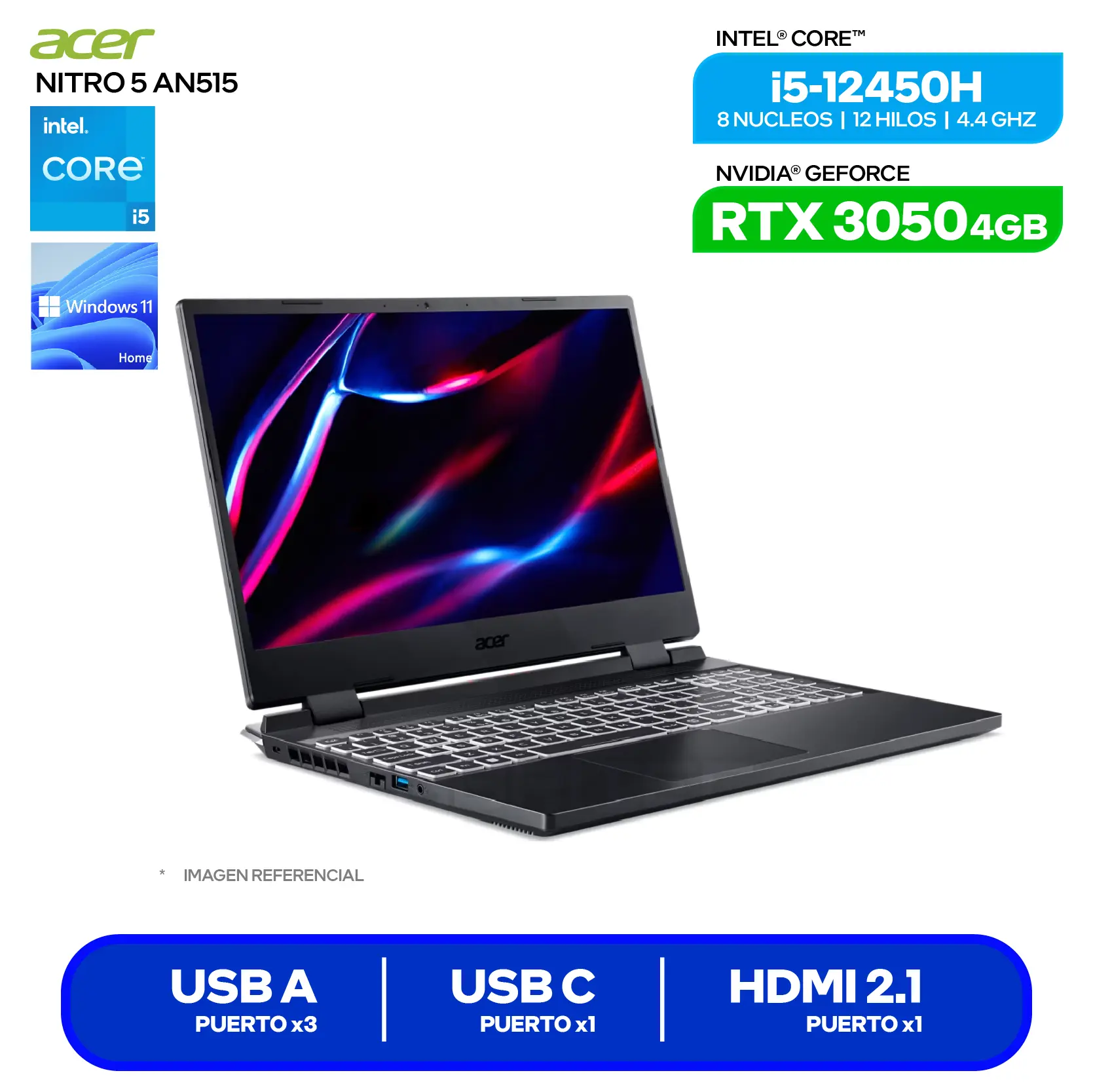 Laptop Acer Nitro AN515-58-57VS (NH.QFHAL.00R) Intel Core i5-12450H, GeForce RTX 3050 4GB, RAM 8GB, SSD 512GB, 15.6'' FHD, Windows 11 Home
