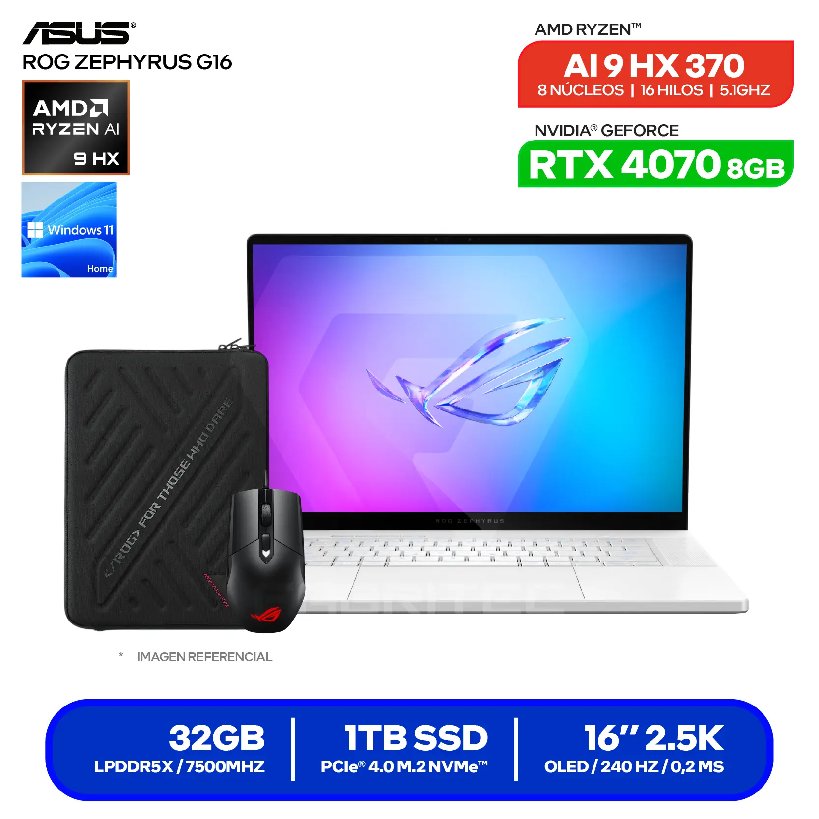 Laptop Asus ROG Zephyrus 16 GA605WI-QR110W (90NR0J92-M00740) AMD Ryzen AI 9 HX 370, GeForce RTX 4070 8GB, RAM 32GB, SSD 1TB, 15.6'' 2.5K Oled, Windows 11 Home