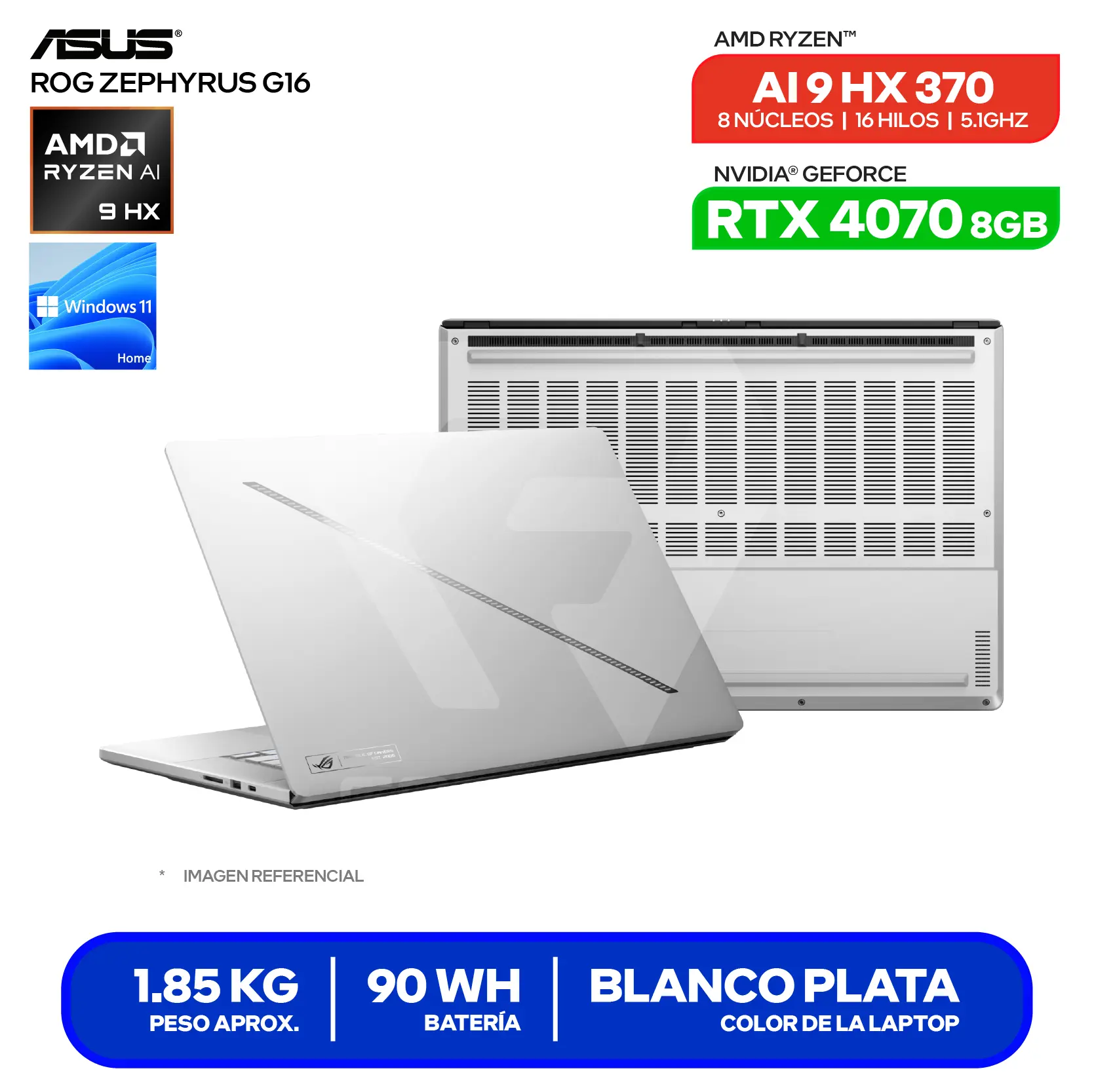 Laptop Asus ROG Zephyrus 16 GA605WI-QR110W (90NR0J92-M00740) AMD Ryzen AI 9 HX 370, GeForce RTX 4070 8GB, RAM 32GB, SSD 1TB, 15.6'' 2.5K Oled, Windows 11 Home