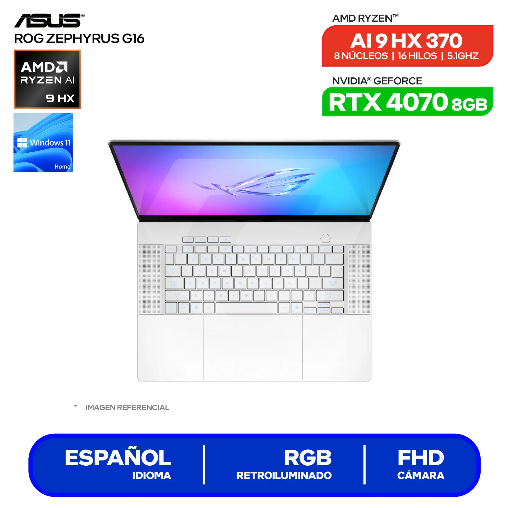Laptop Asus ROG Zephyrus 16 GA605WI-QR110W (90NR0J92-M00740) AMD Ryzen AI 9 HX 370, GeForce RTX 4070 8GB, RAM 32GB, SSD 1TB, 15.6'' 2.5K Oled, Windows 11 Home