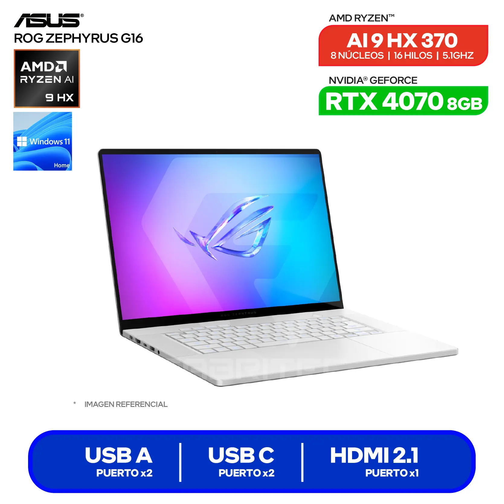 Laptop Asus ROG Zephyrus 16 GA605WI-QR110W (90NR0J92-M00740) AMD Ryzen AI 9 HX 370, GeForce RTX 4070 8GB, RAM 32GB, SSD 1TB, 15.6'' 2.5K Oled, Windows 11 Home