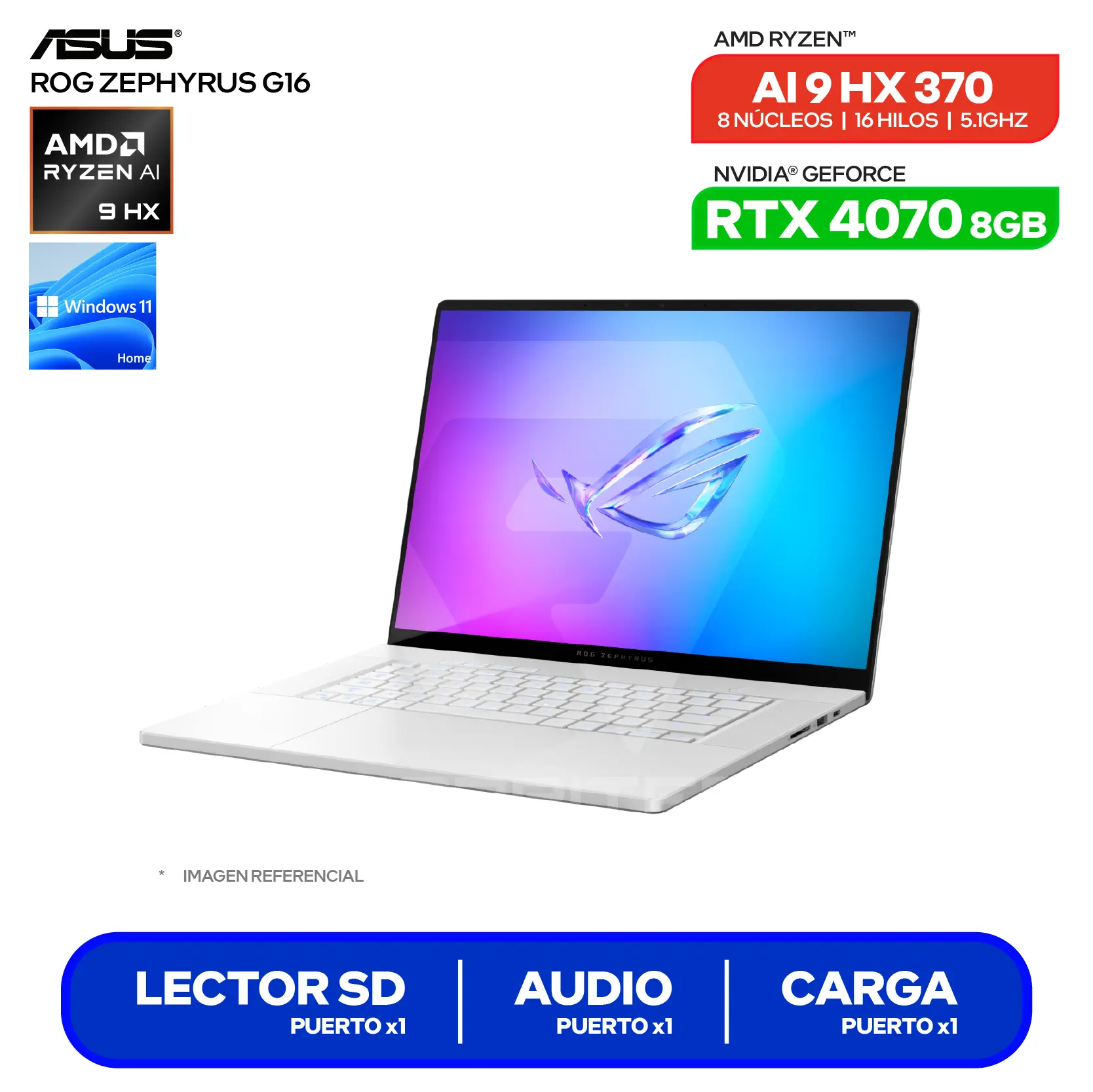 Laptop Asus ROG Zephyrus 16 GA605WI-QR110W (90NR0J92-M00740) AMD Ryzen AI 9 HX 370, GeForce RTX 4070 8GB, RAM 32GB, SSD 1TB, 15.6'' 2.5K Oled, Windows 11 Home