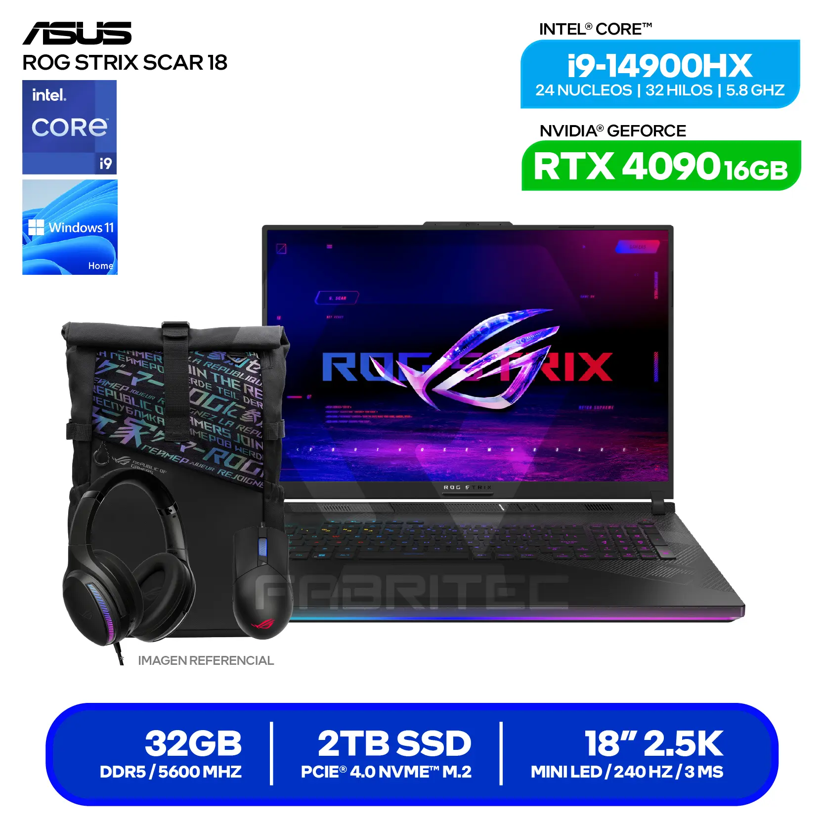 Laptop Asus Rog Strix Scar 18 G834JYR-R6041W (90NR0IP2-M003D) Intel Core i9 14900HX, GeForce RTX 4090 16GB, RAM 32GB, SSD 2TB, 18'' 2.5K, Windows 11 Home