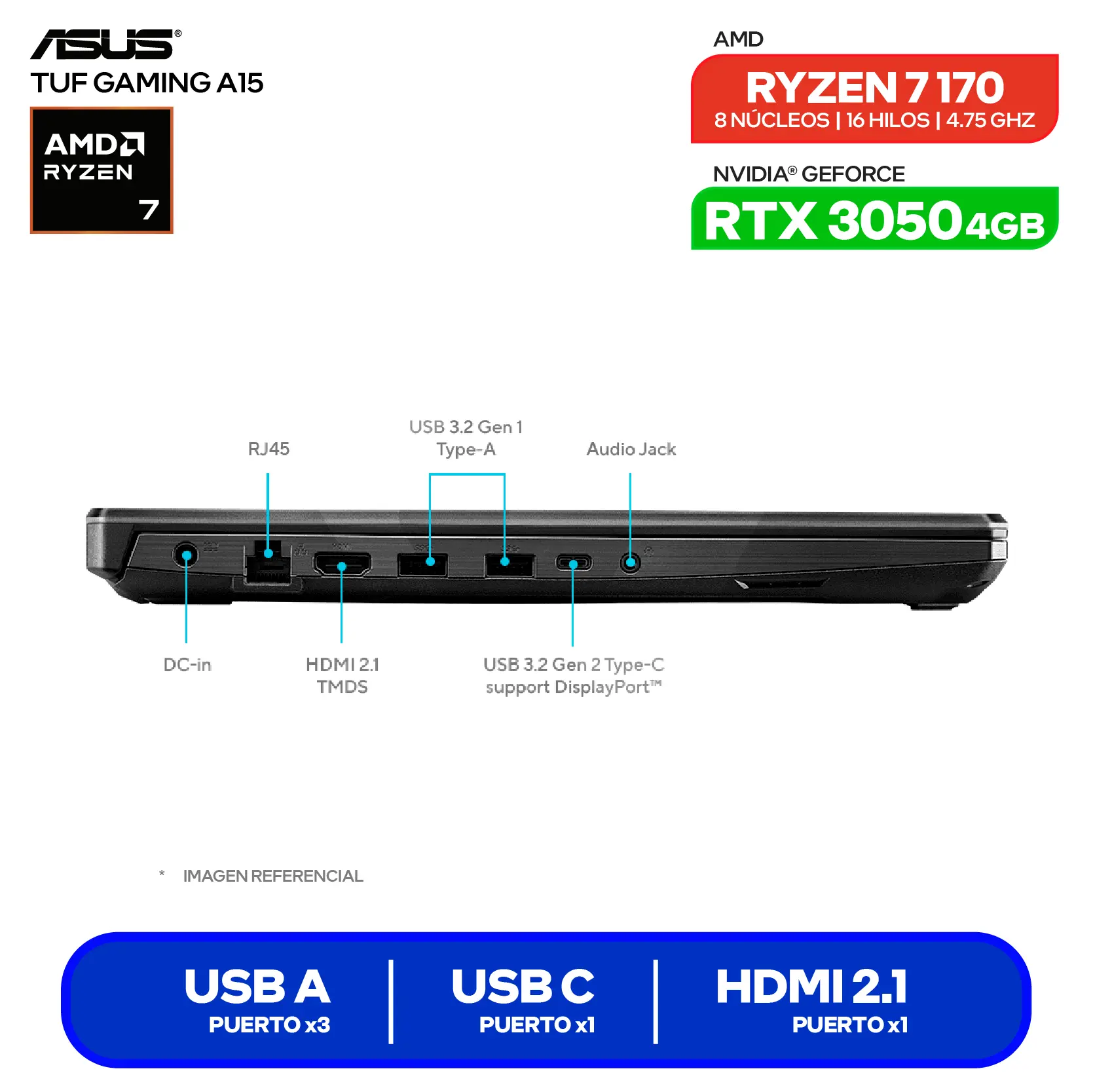 Laptop Asus TUF Gaming A15 FA506NCQ-HN078 (90NR0QE7-M00490) AMD Ryzen 7 170, GeForce RTX 3050 4GB, RAM 8GB, SSD 512GB, 15.6'' FHD, FreeDos