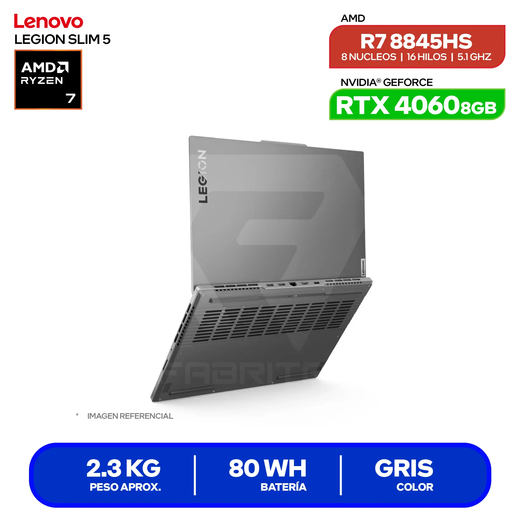 Laptop Lenovo Legion Slim 5 16AHP (83DH0086LM) Ryzen 7 8845H, GeForce RTX 4060 8GB, RAM 16GB, SSD 512GB, 16'' WQXGA, FreeDos