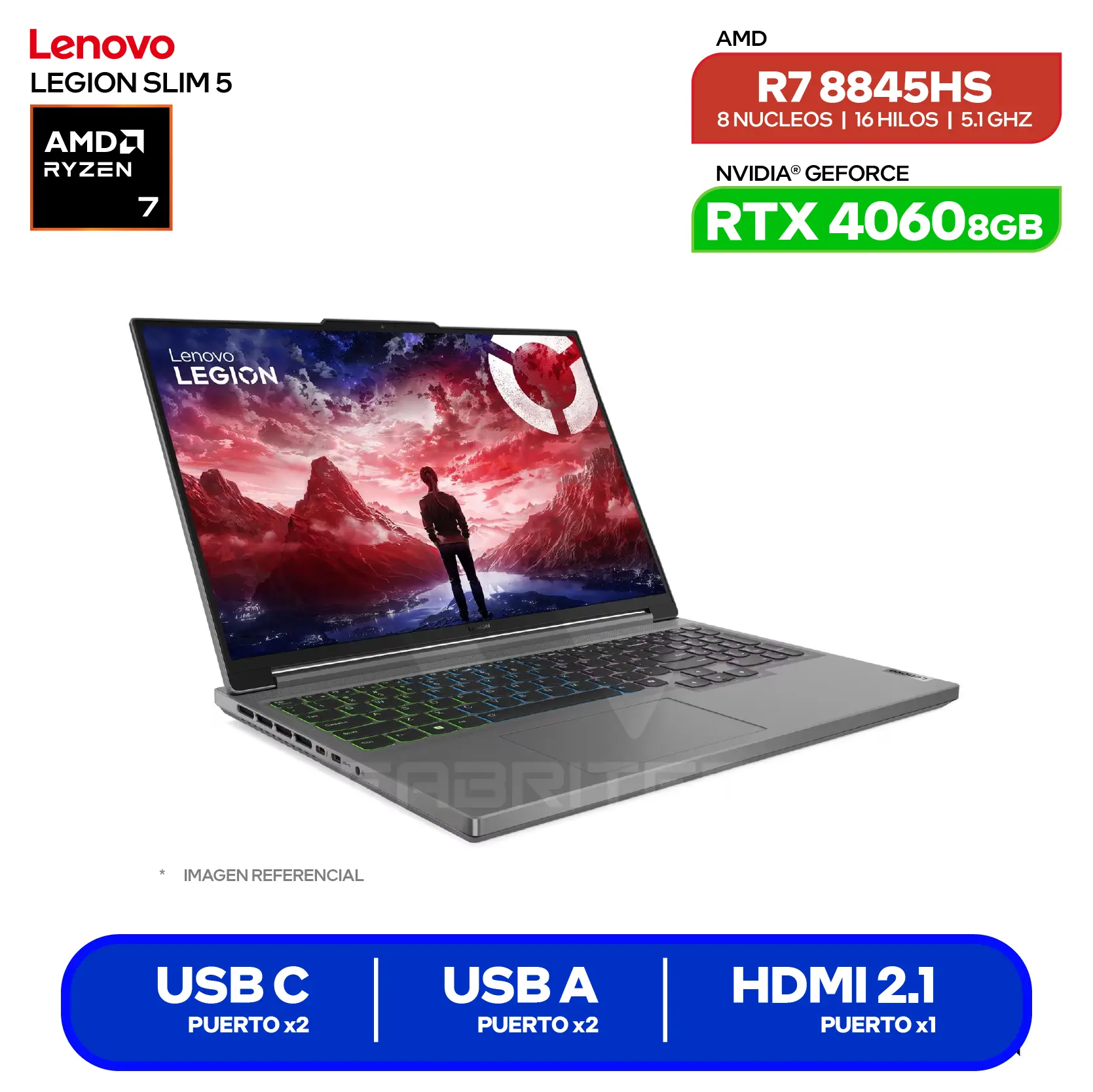 Laptop Lenovo Legion Slim 5 16AHP (83DH0086LM) Ryzen 7 8845H, GeForce RTX 4060 8GB, RAM 16GB, SSD 512GB, 16'' WQXGA, FreeDos