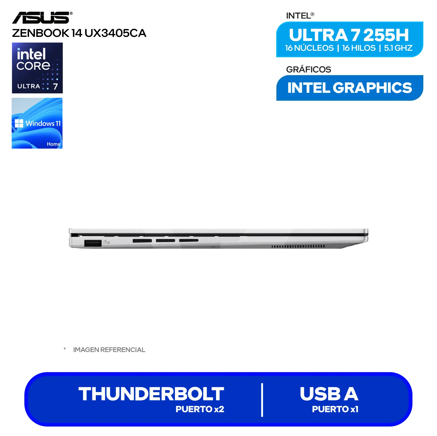 Laptop Asus Zenbook 14 UX3405CA-QL574W (90NB14W4-M00UH0) Intel Core Ultra 7-255H, RAM 16GB, SSD 1TB, 14'' FHD+ Oled Táctil , Windows 11 Home
