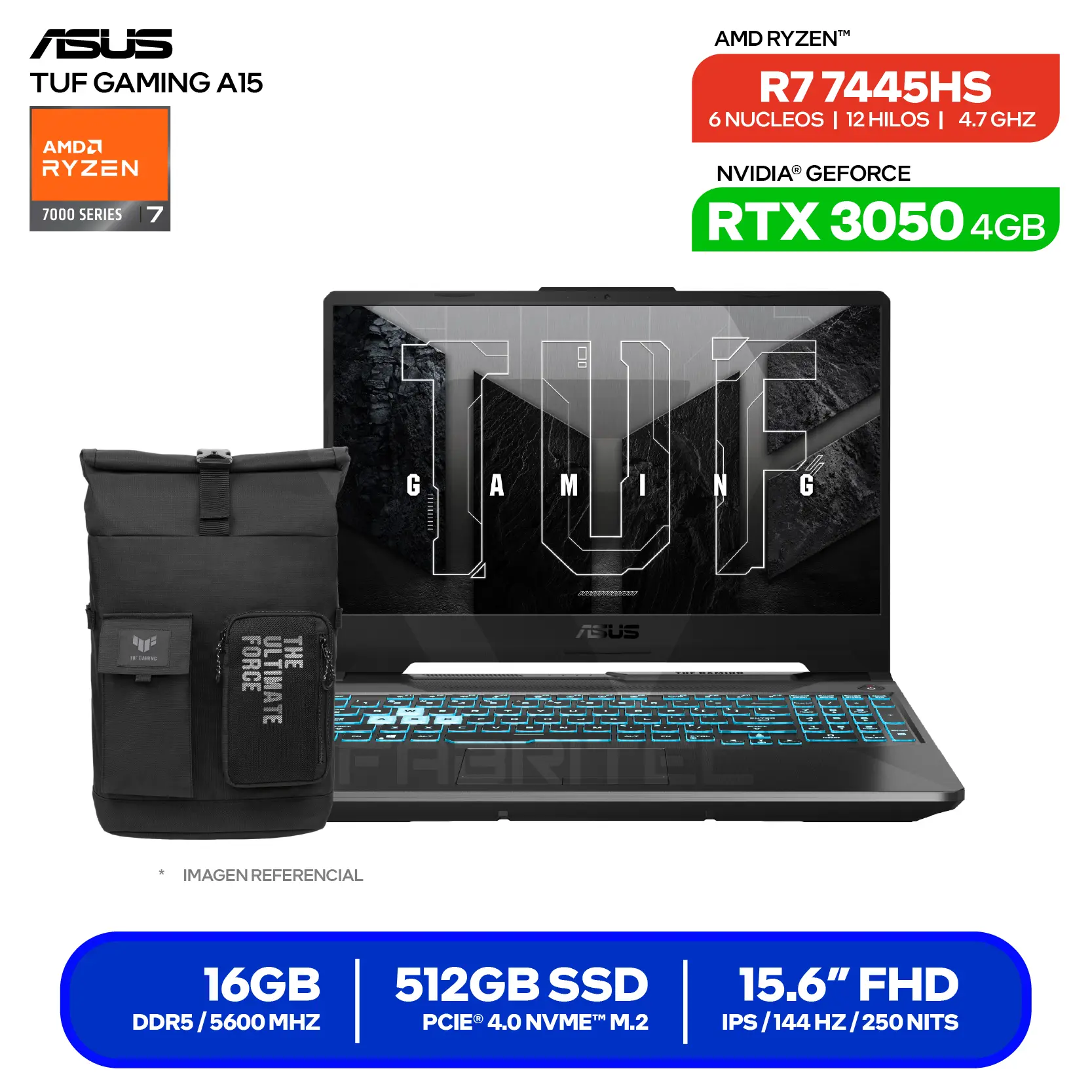 Laptop Asus Tuf Gaming A15 FA506NCG-HN194 (90NR0JF7-M00P70) AMD Ryzen 7 7445HS, GeForce RTX 3050 4GB, RAM 16GB, SSD 512GB, 15.6'' FHD, FreeDos