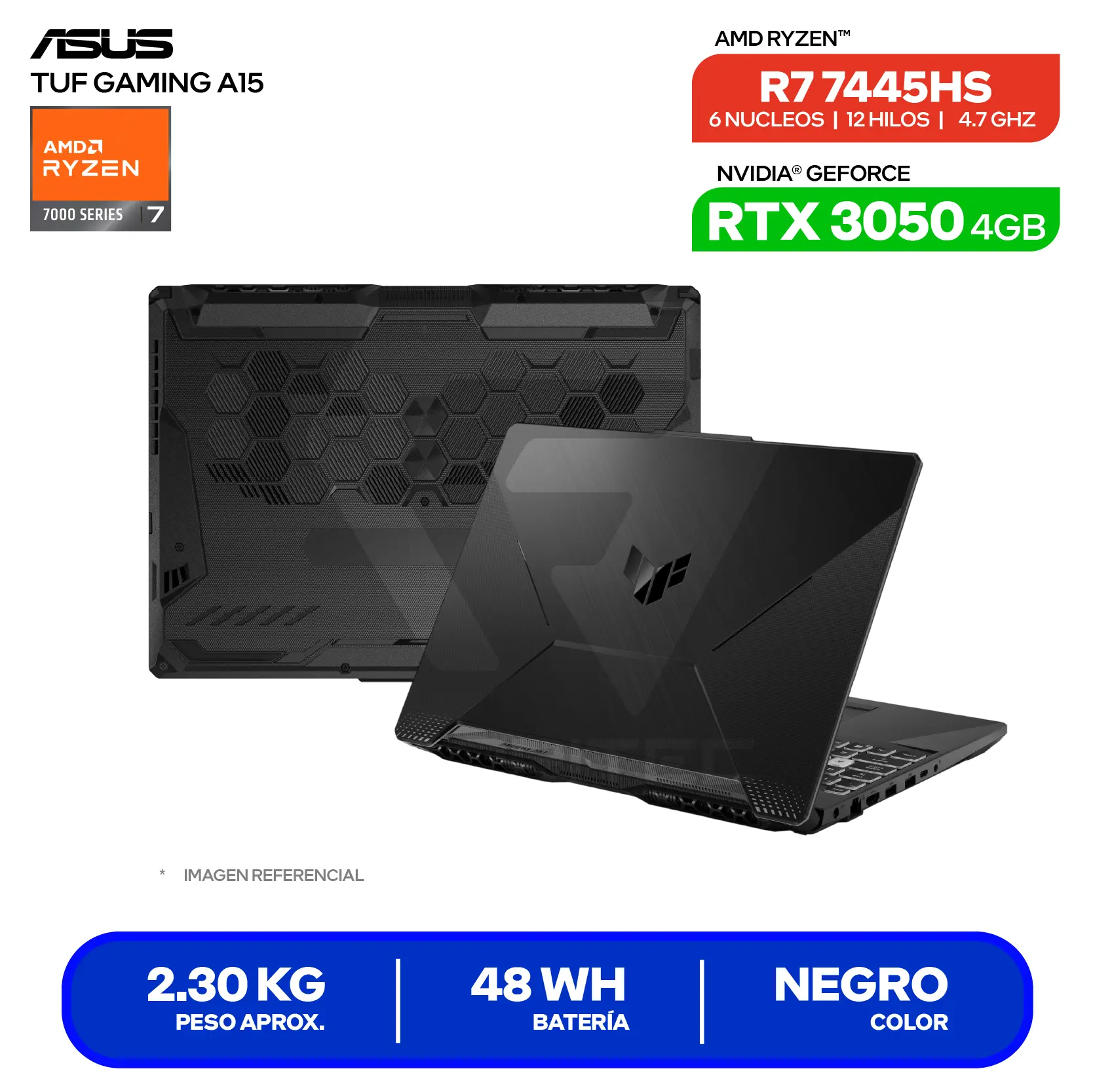Laptop Asus Tuf Gaming A15 FA506NCG-HN194 (90NR0JF7-M00P70) AMD Ryzen 7 7445HS, GeForce RTX 3050 4GB, RAM 16GB, SSD 512GB, 15.6'' FHD, FreeDos