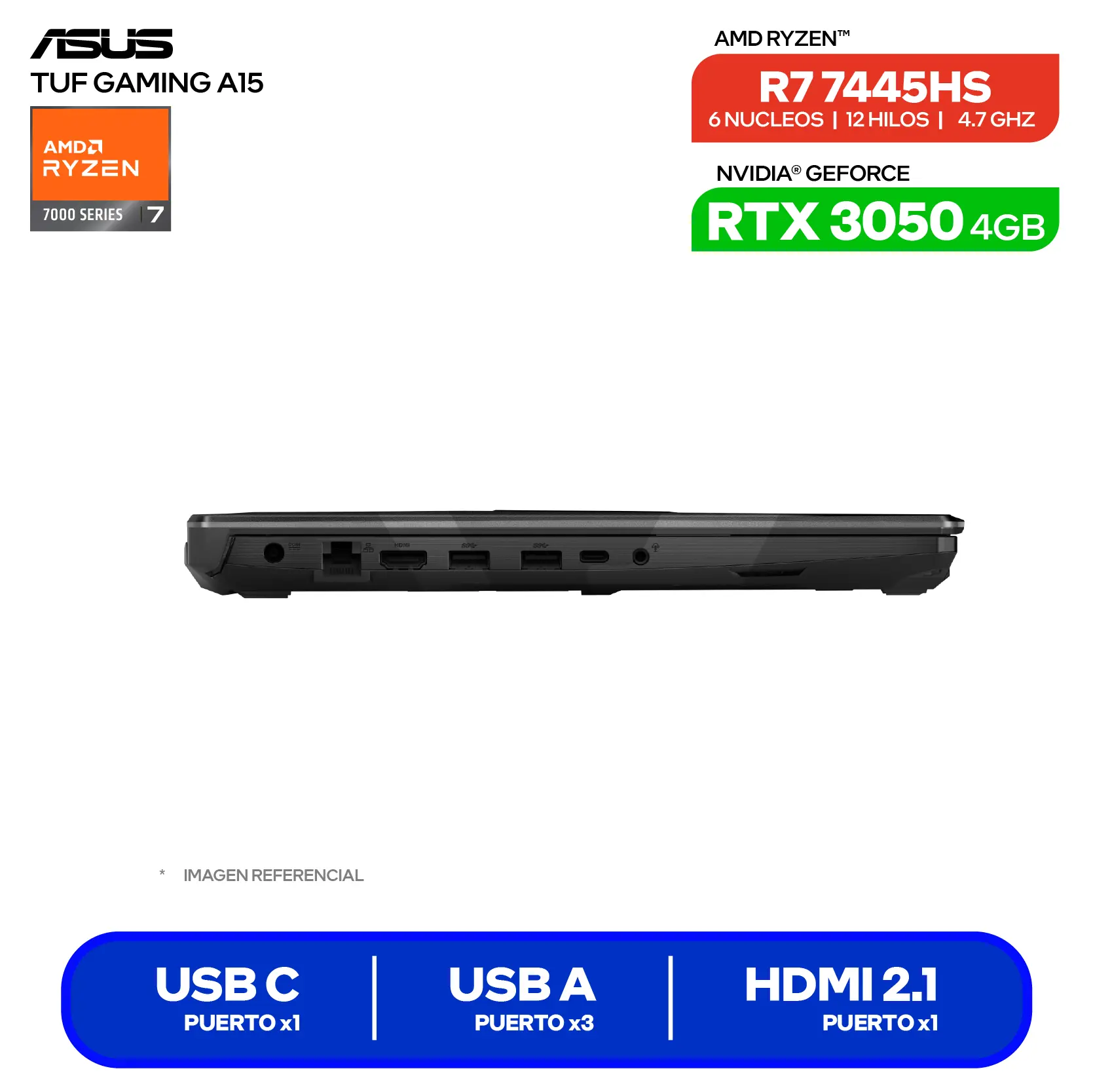 Laptop Asus Tuf Gaming A15 FA506NCG-HN194 (90NR0JF7-M00P70) AMD Ryzen 7 7445HS, GeForce RTX 3050 4GB, RAM 16GB, SSD 512GB, 15.6'' FHD, FreeDos