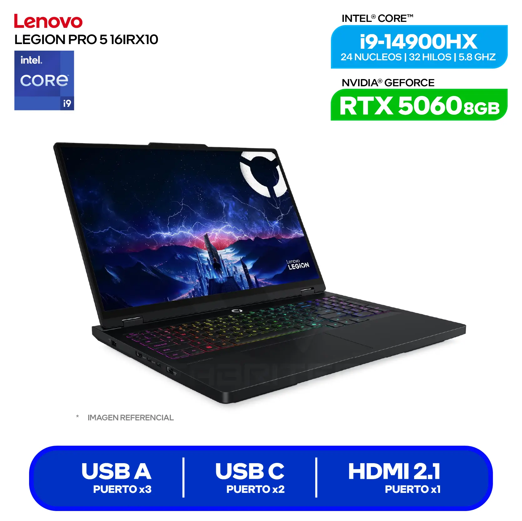 Laptop Lenovo Legion Pro 5 16IRX10 (83NN0053LM) Intel Core Ultra i9-14900HX, GeForce RTX 5060 8GB, RAM 16GB, SSD 1TB, 16'' 2.5K, FreeDos