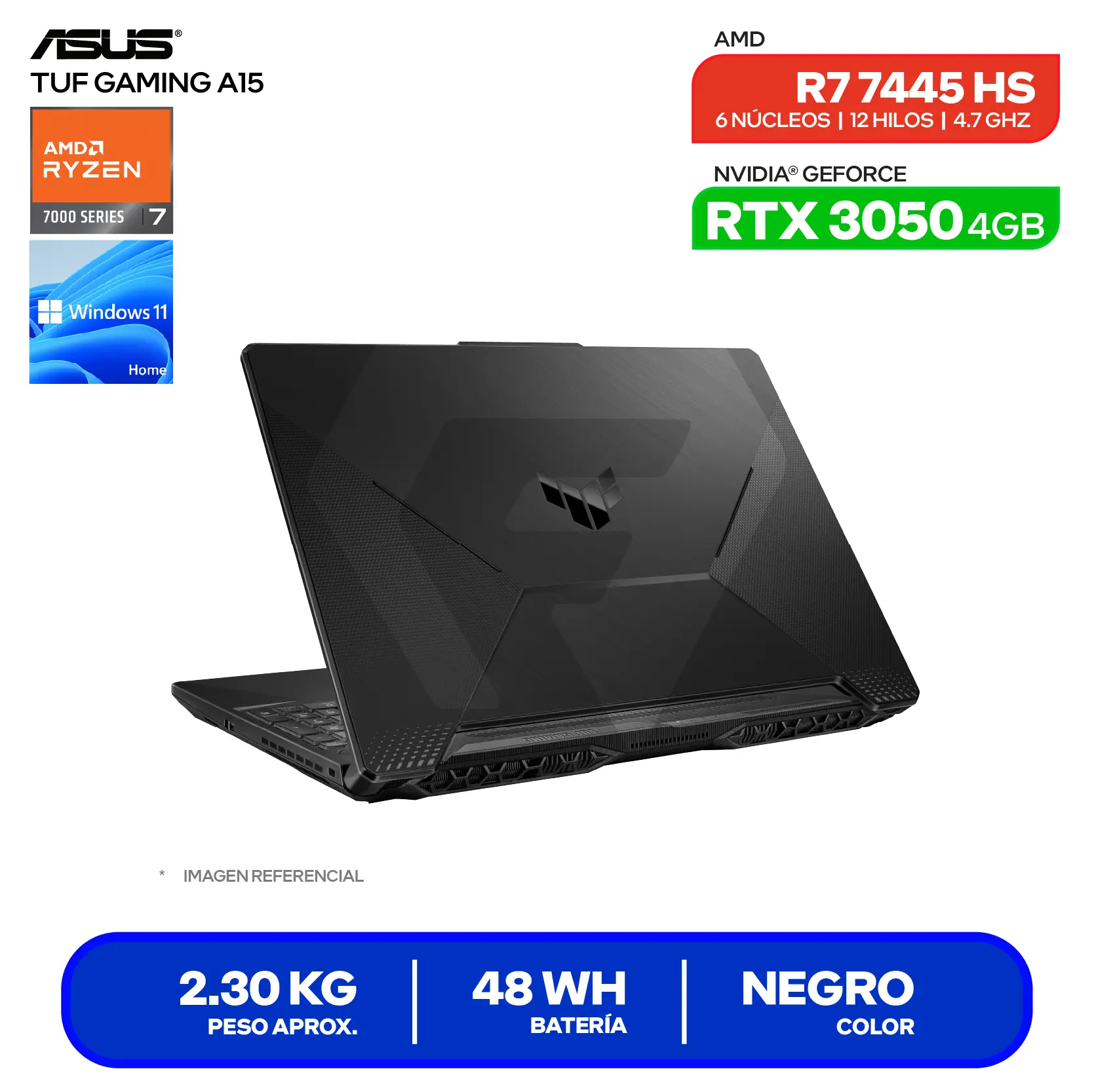 Laptop Asus Tuf Gaming A15 FA506NCG-HN187W (90NR0JF7-M00FW0) AMD Ryzen 7 7445HS, GeForce RTX 3050 4GB, RAM 8GB, SSD 512GB, 15.6'' FHD, Windows 11 Home