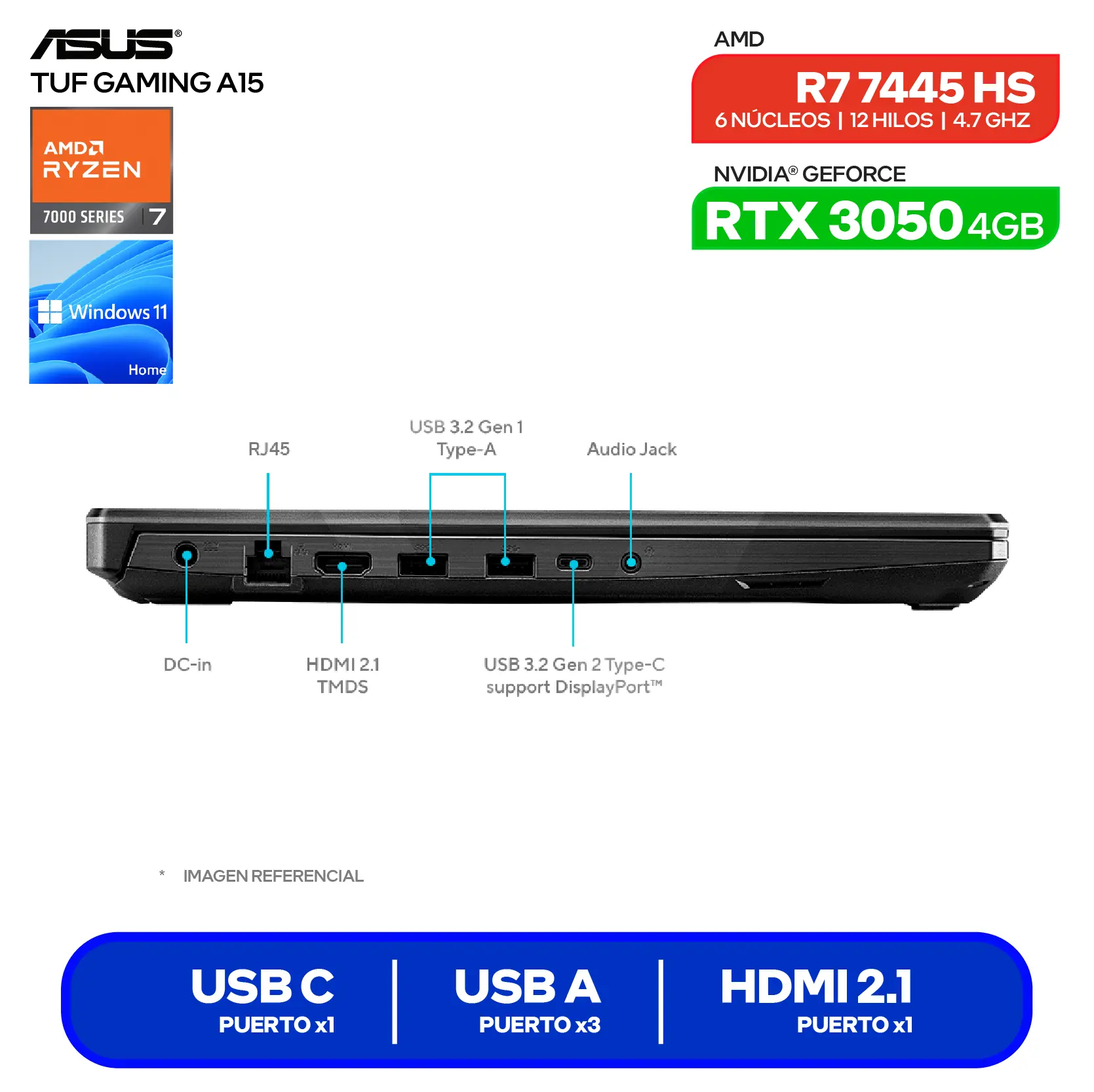 Laptop Asus Tuf Gaming A15 FA506NCG-HN187W (90NR0JF7-M00FW0) AMD Ryzen 7 7445HS, GeForce RTX 3050 4GB, RAM 8GB, SSD 512GB, 15.6'' FHD, Windows 11 Home