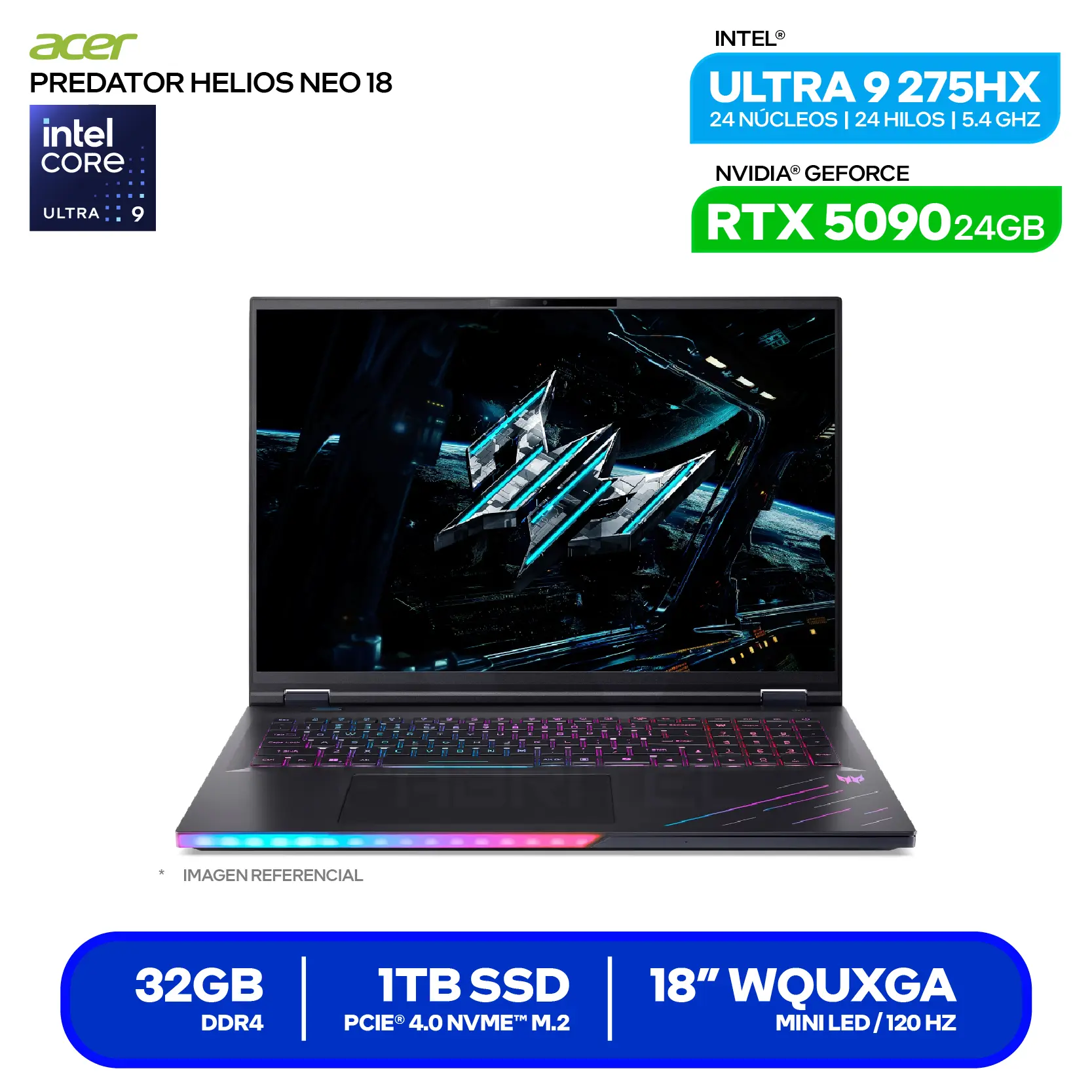Laptop Acer Predator Helios Neo 18 AI PHN18-73-91S0 (NH.QVXAL.001) Intel Core Ultra 9-275HX, GeForce RTX 5090 24GB, RAM 32GB, SSD 1TB, 18'' 2.4K, FreeDos