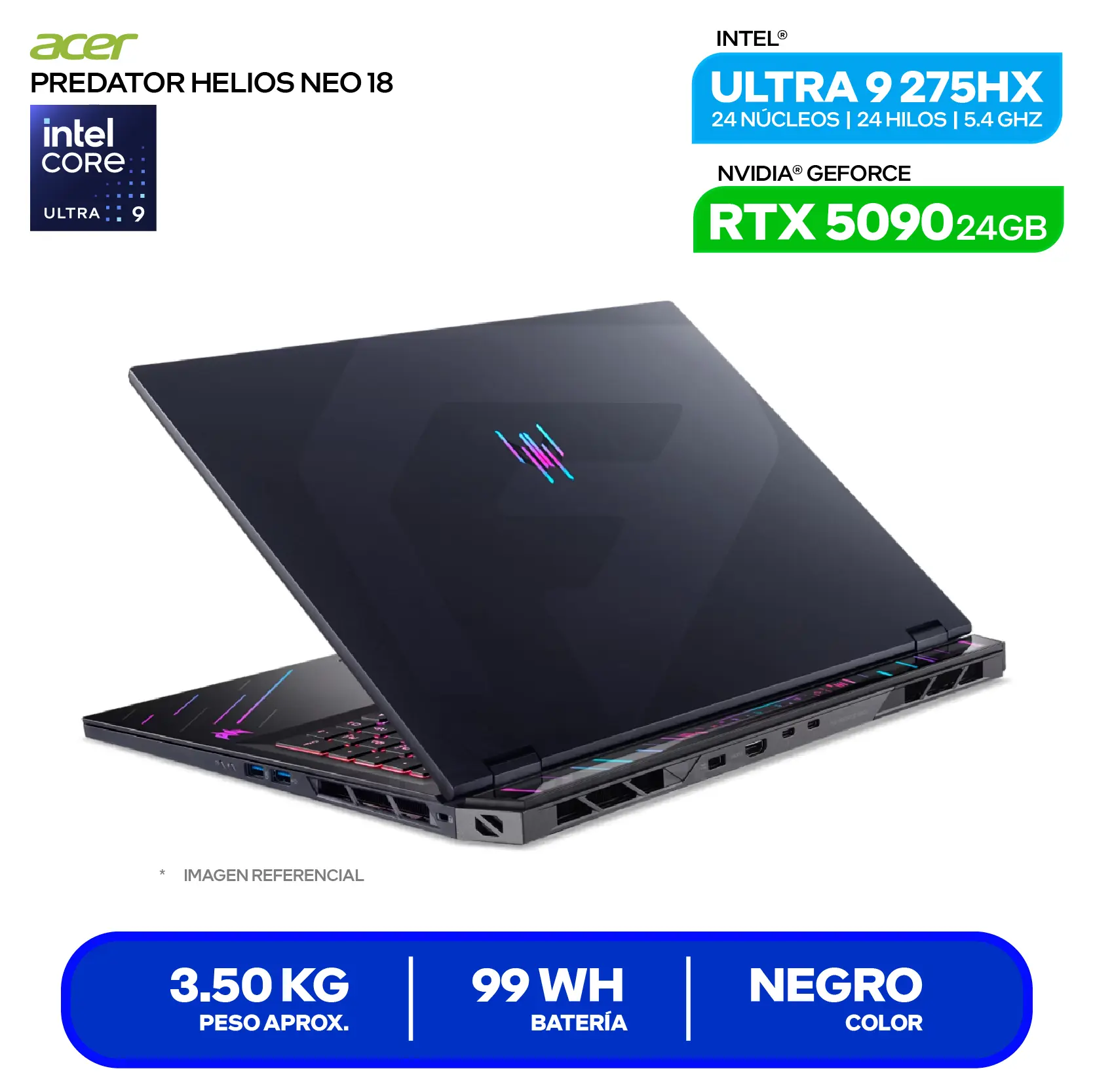 Laptop Acer Predator Helios Neo 18 AI PHN18-73-91S0 (NH.QVXAL.001) Intel Core Ultra 9-275HX, GeForce RTX 5090 24GB, RAM 32GB, SSD 1TB, 18'' 2.4K, FreeDos