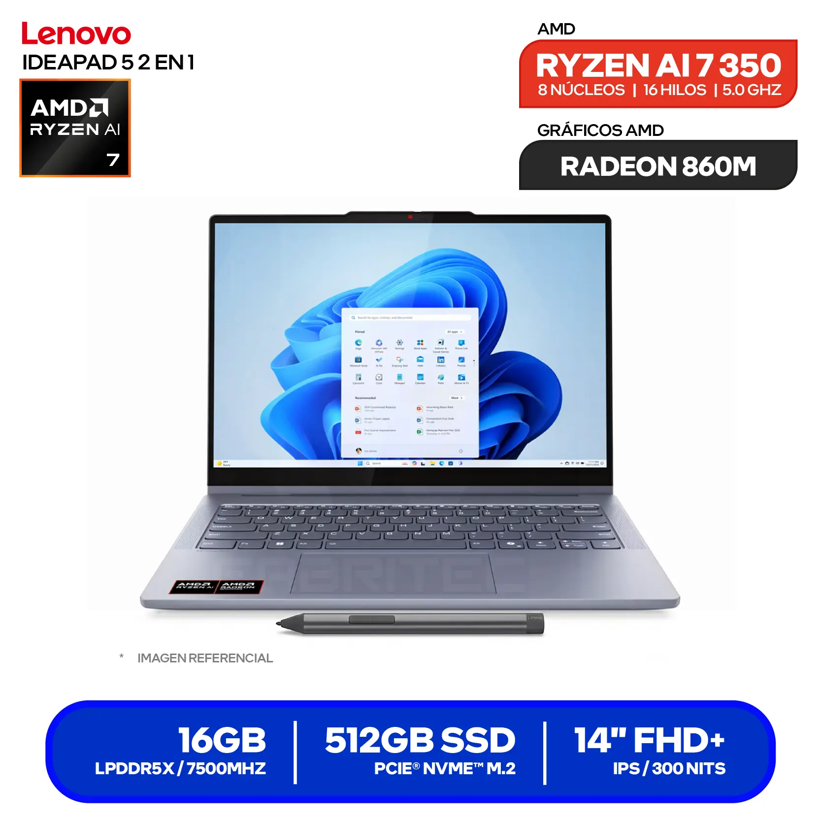 Laptop Lenovo IdeaPad 5 2 en 1 14AKP10 (83KT006NLM) AMD Ryzen AI 7 350, RAM 16GB, SSD 512GB, 14'' FHD+ Táctil C/Lápiz, FreeDos