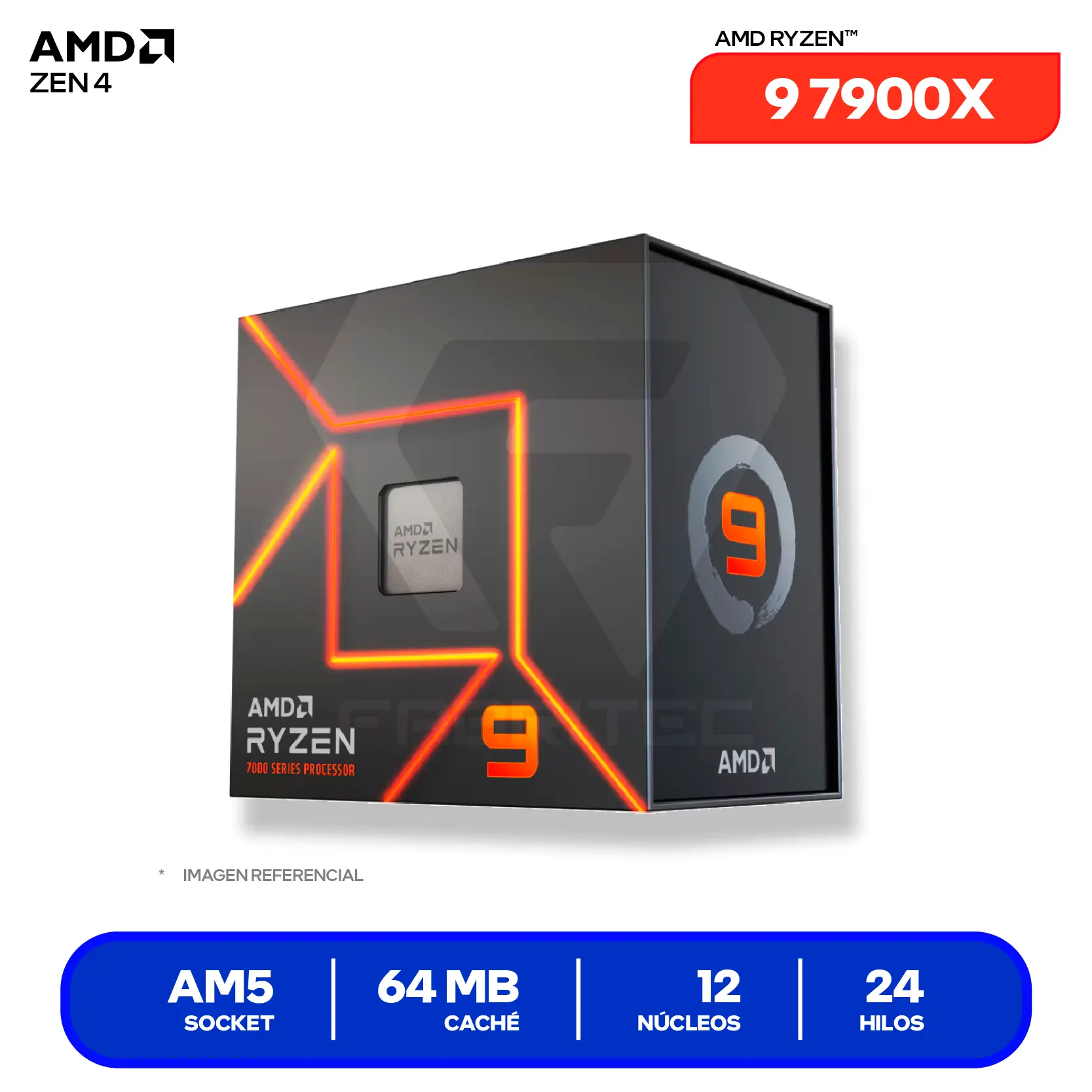 Procesador AMD Ryzen 9 7900X (100-100000589WOF) 4.7GHz / 5.6GHz, 12 Núcleos, AM5