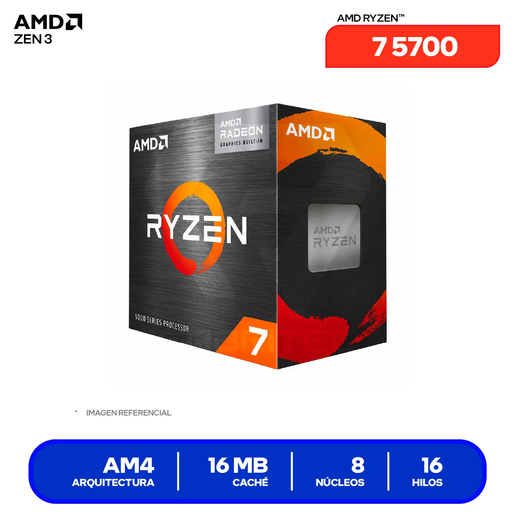 Procesador AMD Ryzen 7 5700 (100-100000743SBX) 3.7GHz / 4.6GHz, 8 Núcleos, AM4