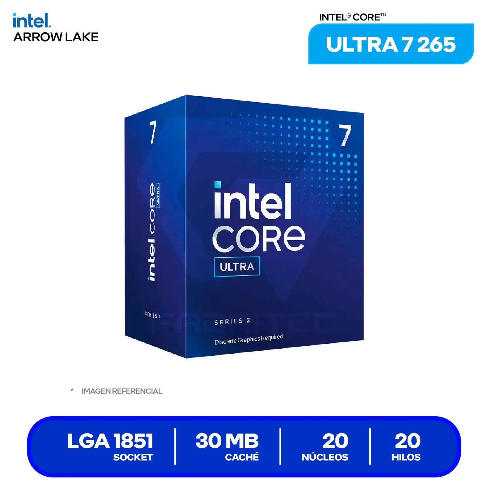 Procesador Intel Core Ultra 7 265 (BX80768265) 2.4GHz / 5.3GHz, 20 Núcleos, LGA1851