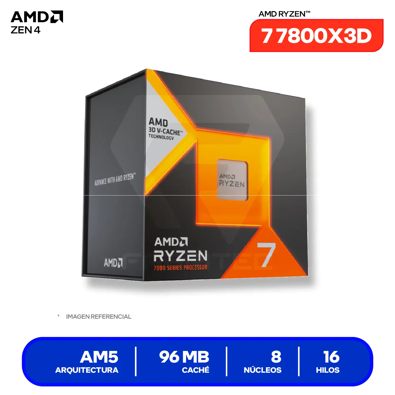 Procesador AMD Ryzen 7 7800X3D (100-100000910WOF) 4.2GHz / 5.0GHz, 8 Núcleos, AM5