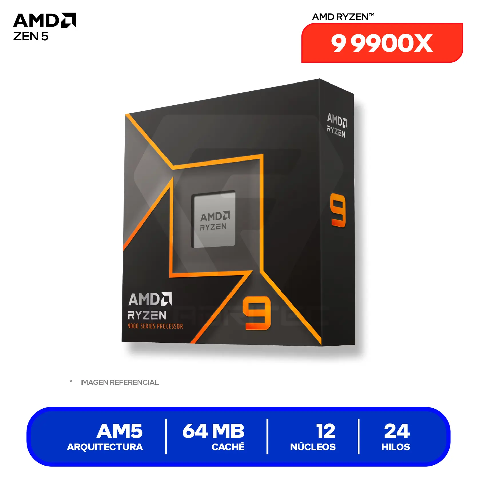 Procesador AMD Ryzen 9 9900X (100-100000662WOF) 4.4 GHz / 5.6 GHz, 12 Núcleos, AM5