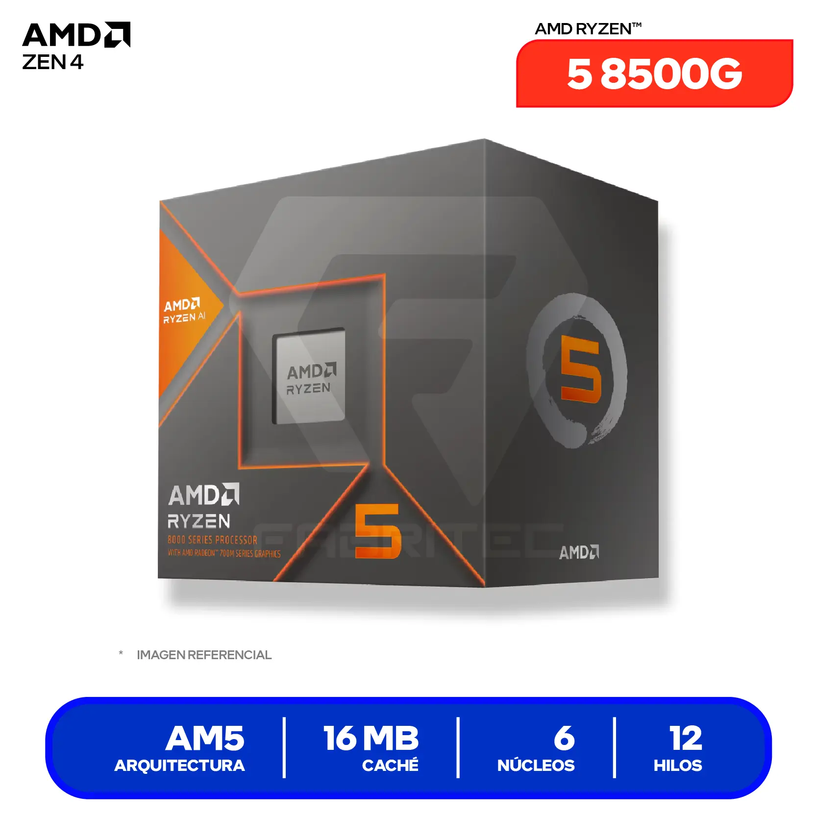 Procesador AMD Ryzen 5 8500G (100-100000931BOX) 3.5 GHz / 5.0 GHz, 6 Núcleos, AM5