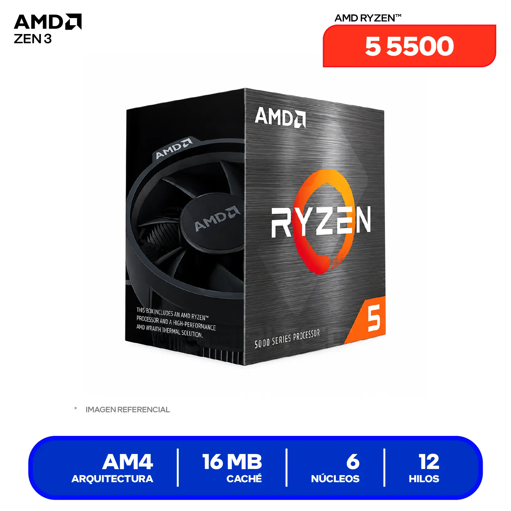 Procesador AMD Ryzen 5 5500 (100-100000457BOX) 3.6 GHz / 4.2 GHz, 6 Núcleos, AM4