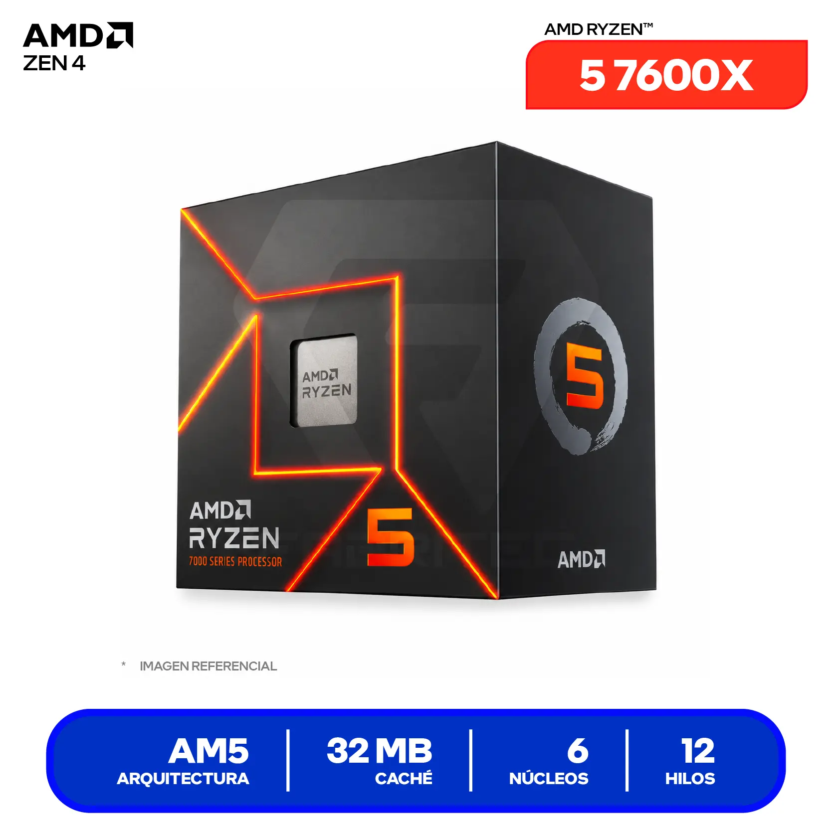 Procesador AMD Ryzen 5 7600X (100-100000593WOF) 4.7 GHz / 5.3 GHz, 6 Núcleos, AM5