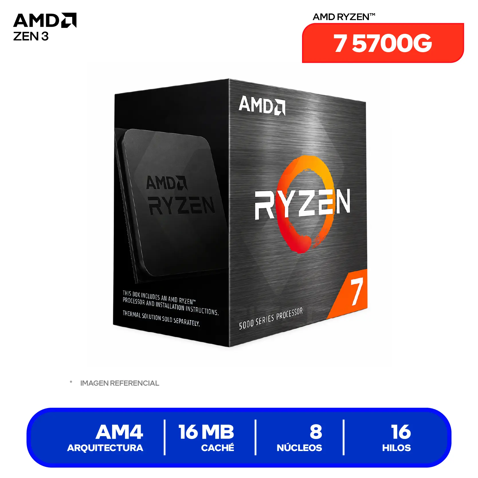 Procesador APU AMD Ryzen 7 5700G (100-100000263BOX) 3.8 GHz / 4.6 GHz, 8 Núcleos, AM4
