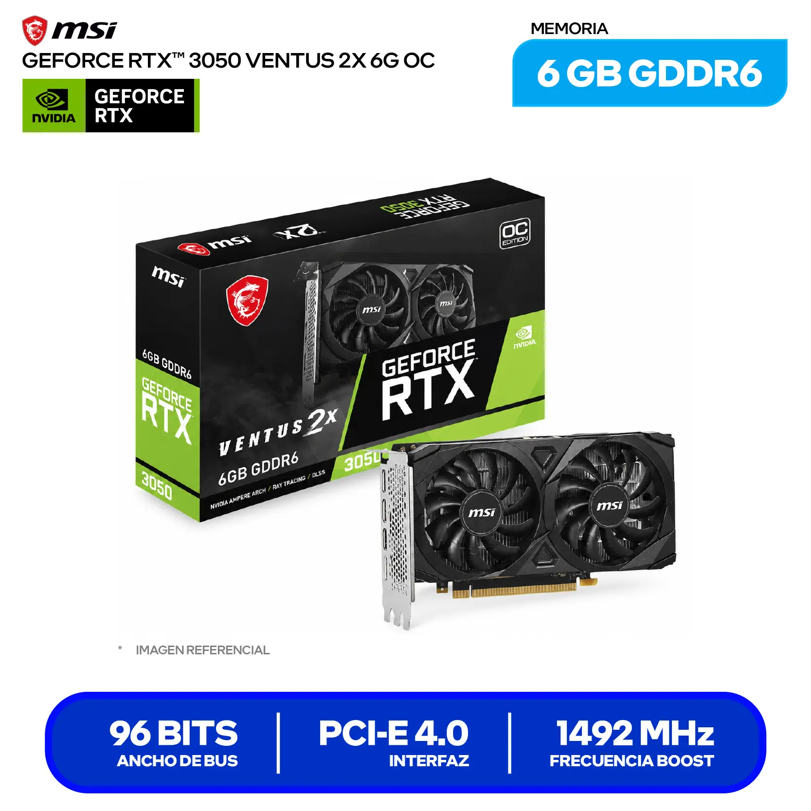 Tarjeta de video MSI NVIDIA GeForce RTX 3050 6GB OC (RTX 3050 LP 6G OC) GDDR6, 1x DisplayPort, 2x HDMI