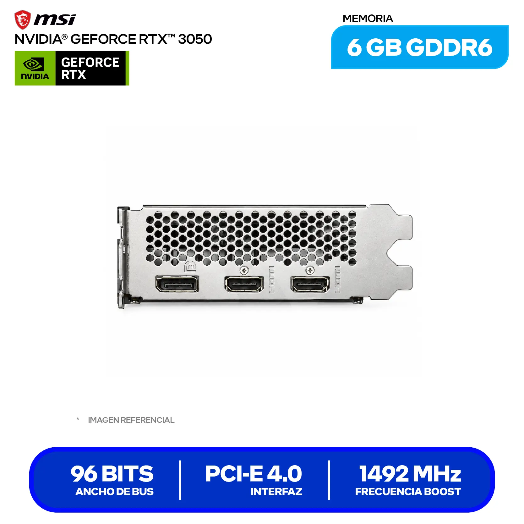 Tarjeta de video MSI NVIDIA GeForce RTX 3050 6GB Ventus 2X OC (RTX 3050 VENTUS 2X 6G OC) GDDR6, 1x DisplayPort, 2x HDMI