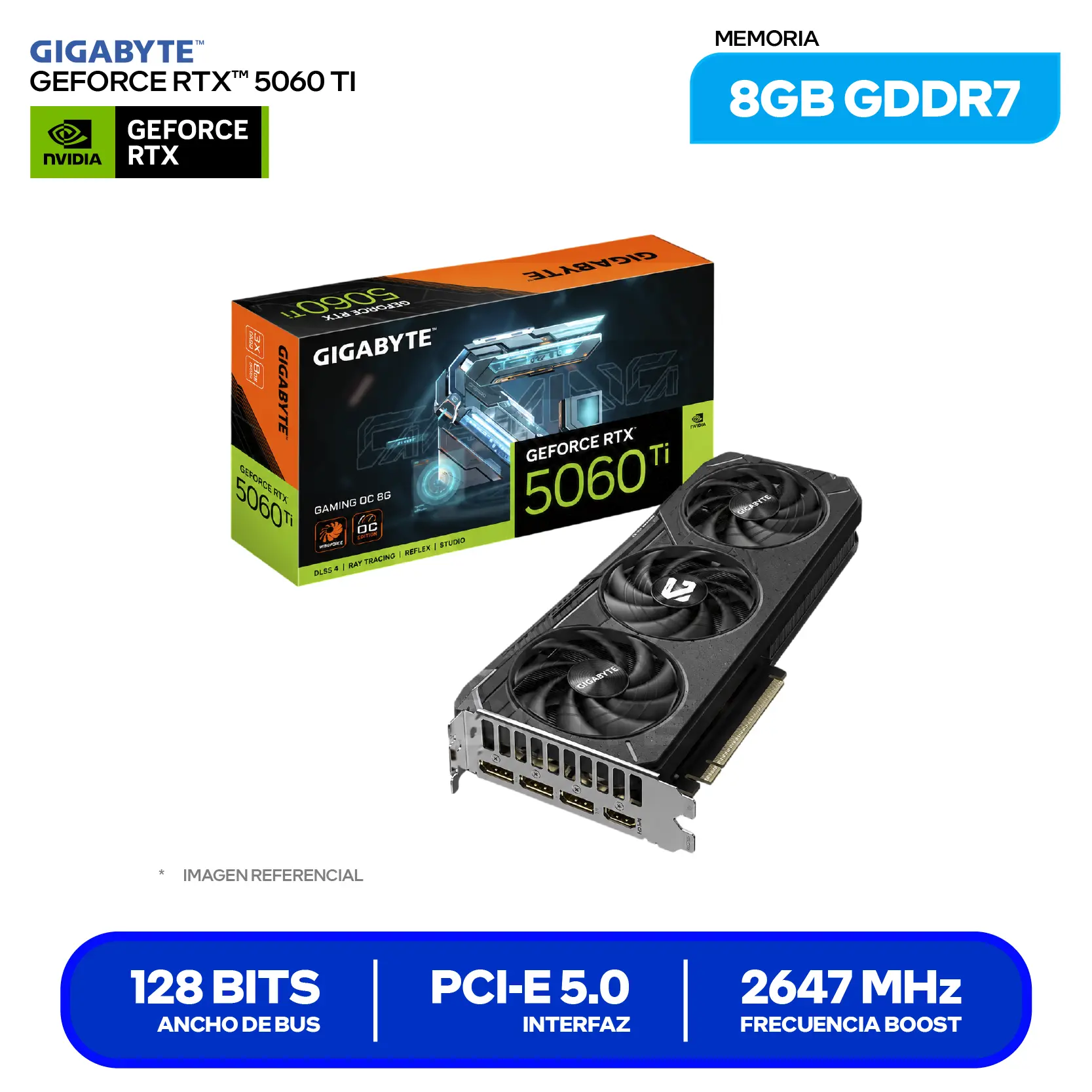 Tarjeta de video Gigabyte NVIDIA GeForce RTX 5060 Ti 8GB Gaming OC (GV-N506TGAMING OC-8GD) GDDR7, 3x DisplayPort, 1x HDMI
