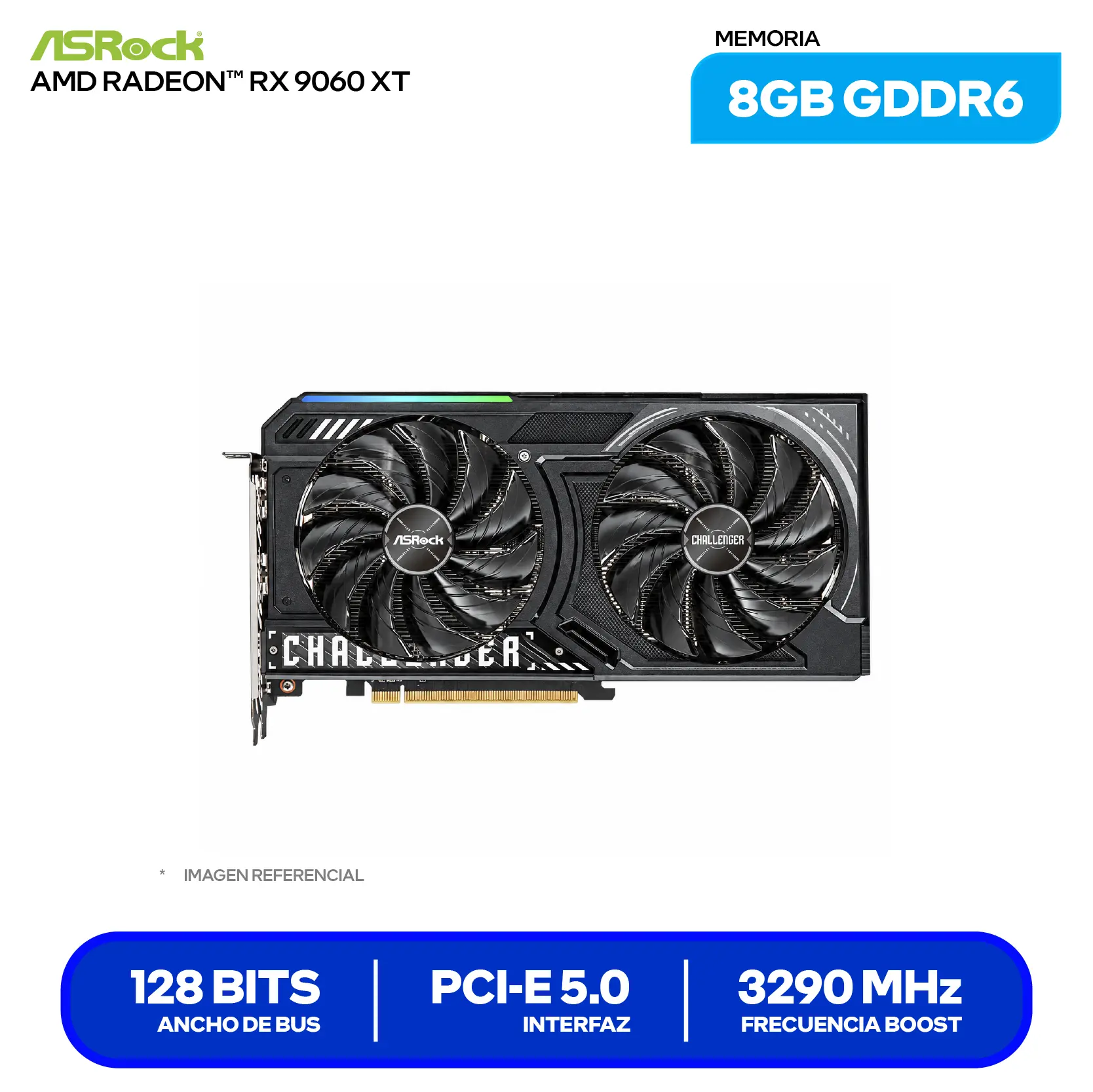 Tarjeta de video Asrock AMD Radeon RX 9060 XT Challenger 8GB (RX9060XT CL 8GO) GDDR6, 2x DisplayPort, 1x HDMI
