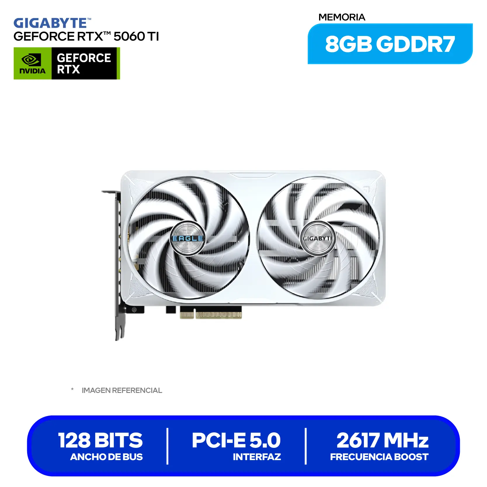 Tarjeta de video Gigabyte NVIDIA GeForce RTX 5060 Ti 8GB Eagle Ice OC (GV-N506TEAGLEOC ICE-8GD) GDDR7, 3x DisplayPort, 1x HDMI