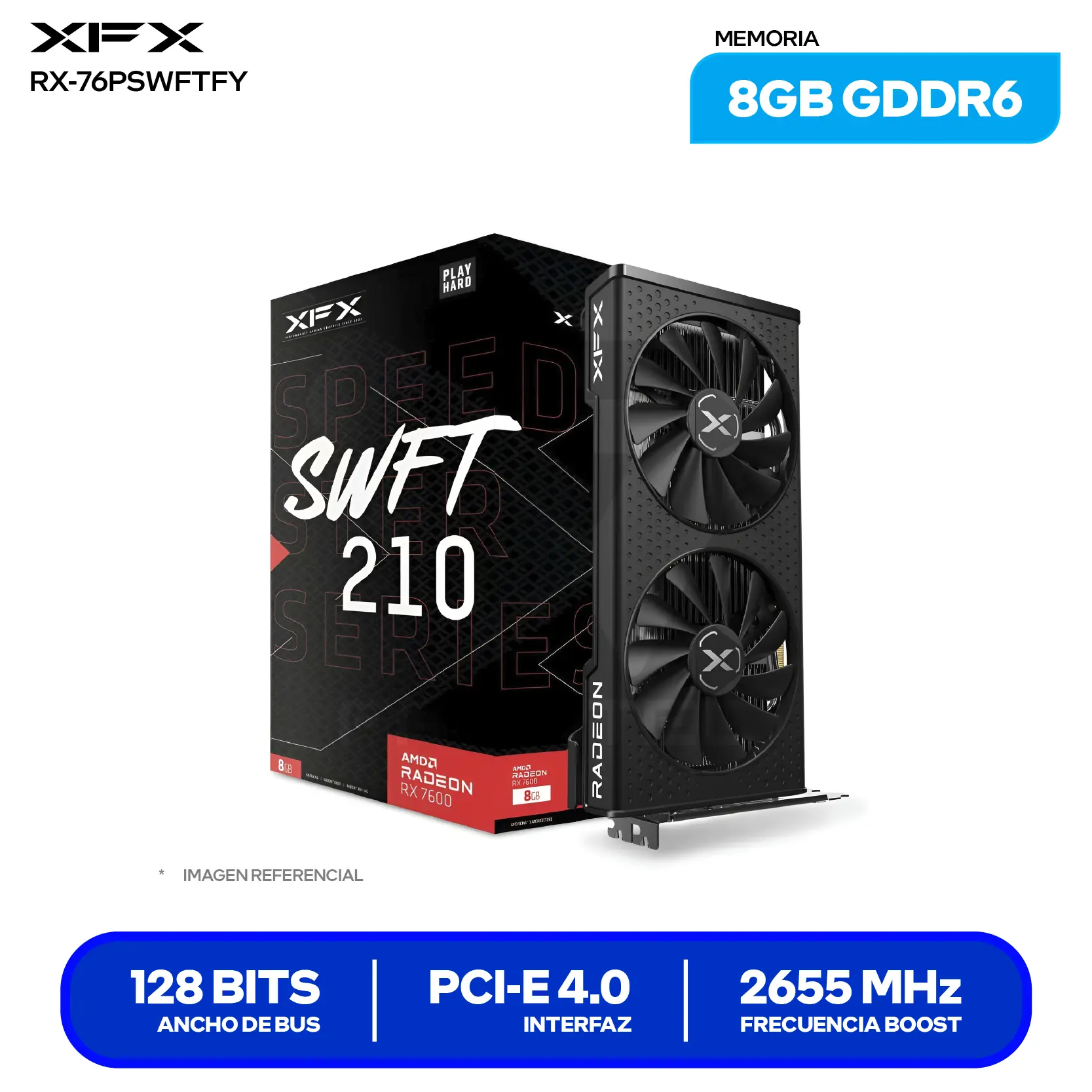 Tarjeta de video XFX Speedster SWFT 210 Radeon RX 7600 8GB (RX-76PSWFTFY) GDDR6, 3x DisplayPort, 1x HDMI